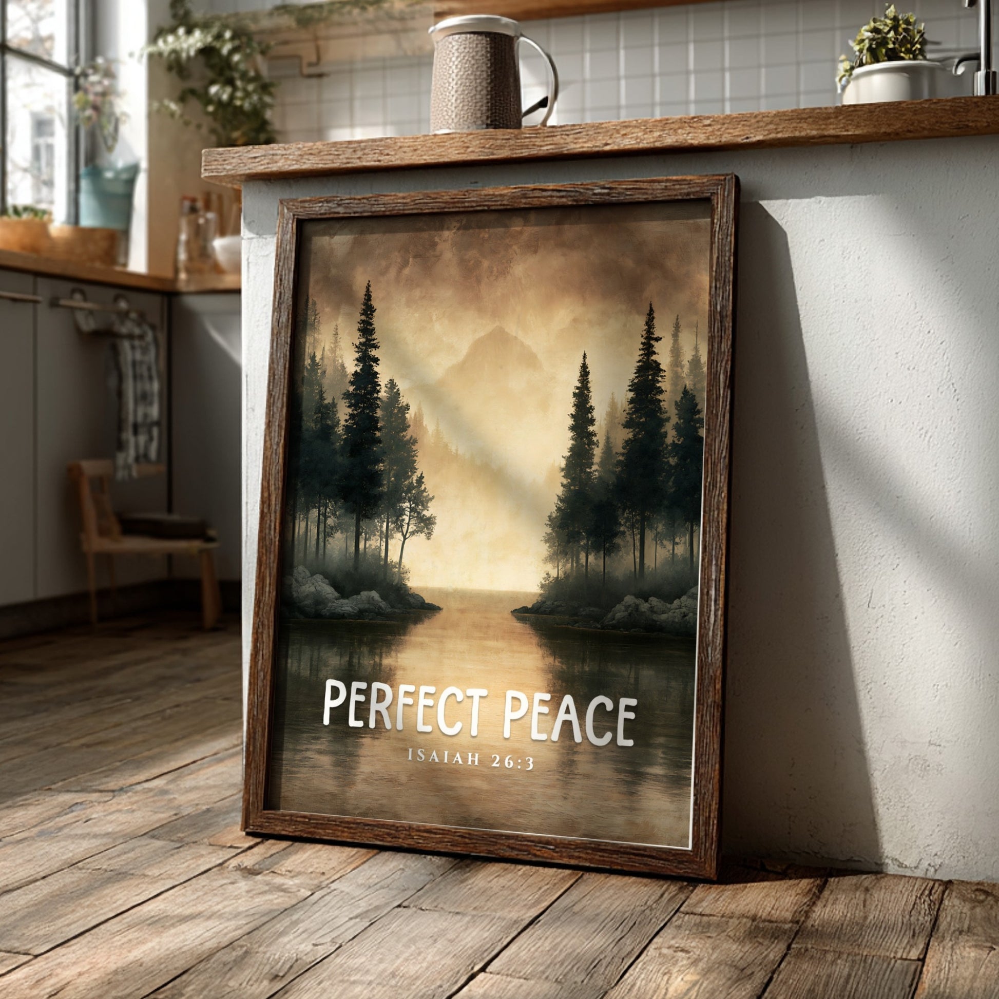 Perfect Peace poster featuring serene landscape with trees and water, inspired by Isaiah 26:3, perfect for