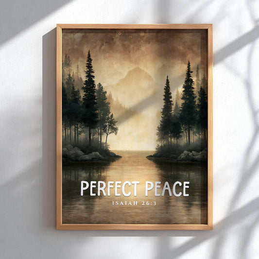 Perfect Peace poster featuring serene landscape with trees and water, inspired by Isaiah 26:3, perfect for