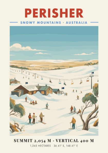 Perisher ski resort poster featuring snowy mountains and ski lifts in vintage style