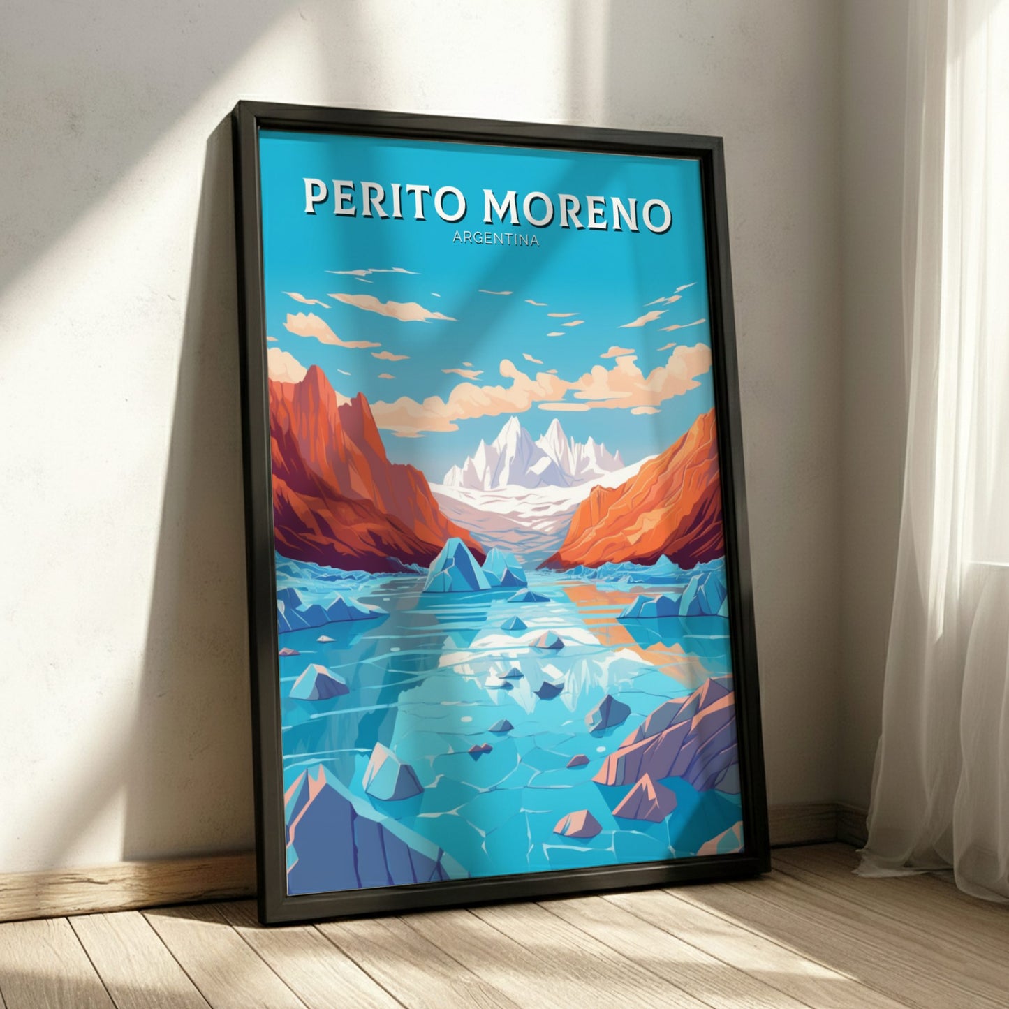Perito Moreno Argentina Travel Poster on a black frame