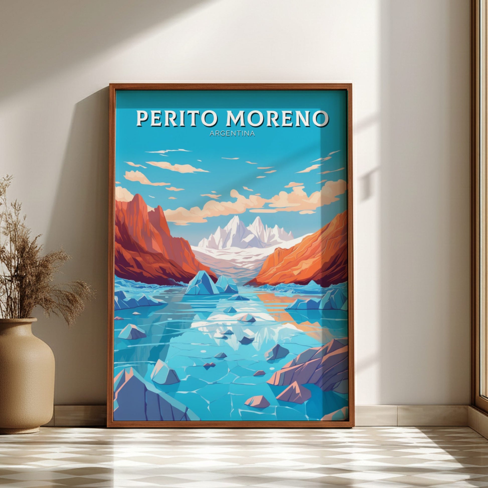 Perito Moreno Argentina Travel Poster on a dark frame