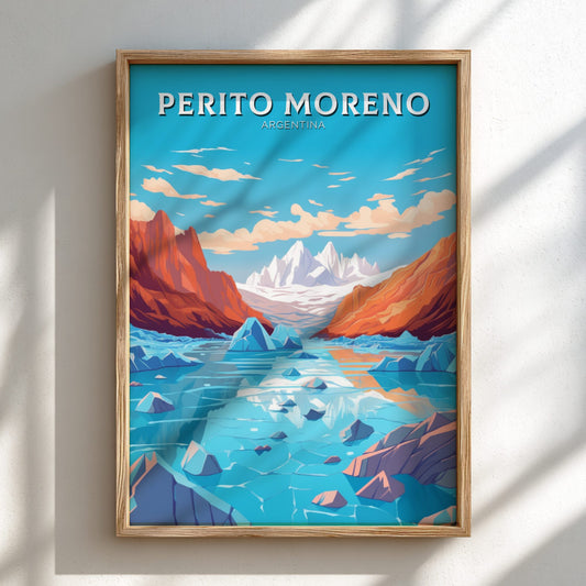 Perito Moreno Argentina Travel Poster on a light frame
