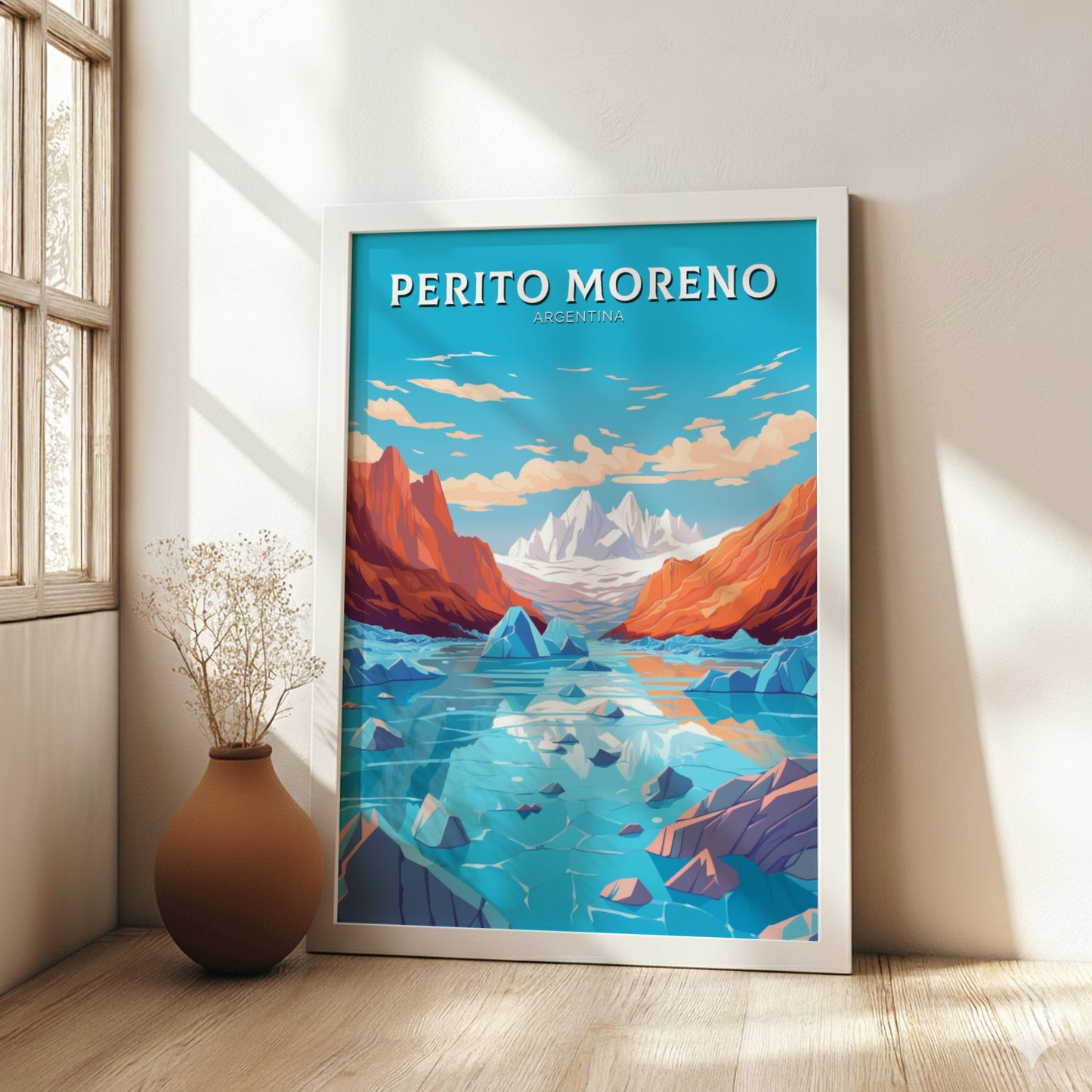 Perito Moreno Argentina Travel Poster on a white frame