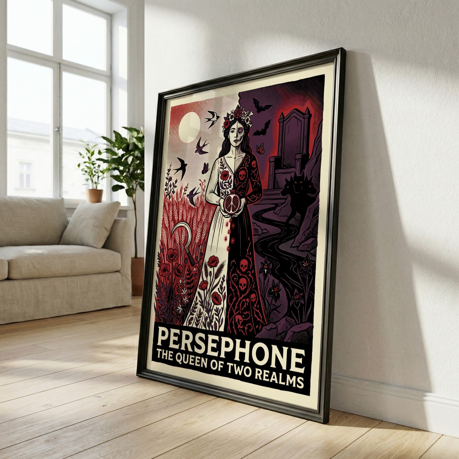 Persephone Greek Mythology poster with split design, vibrant and dark realms, art print.