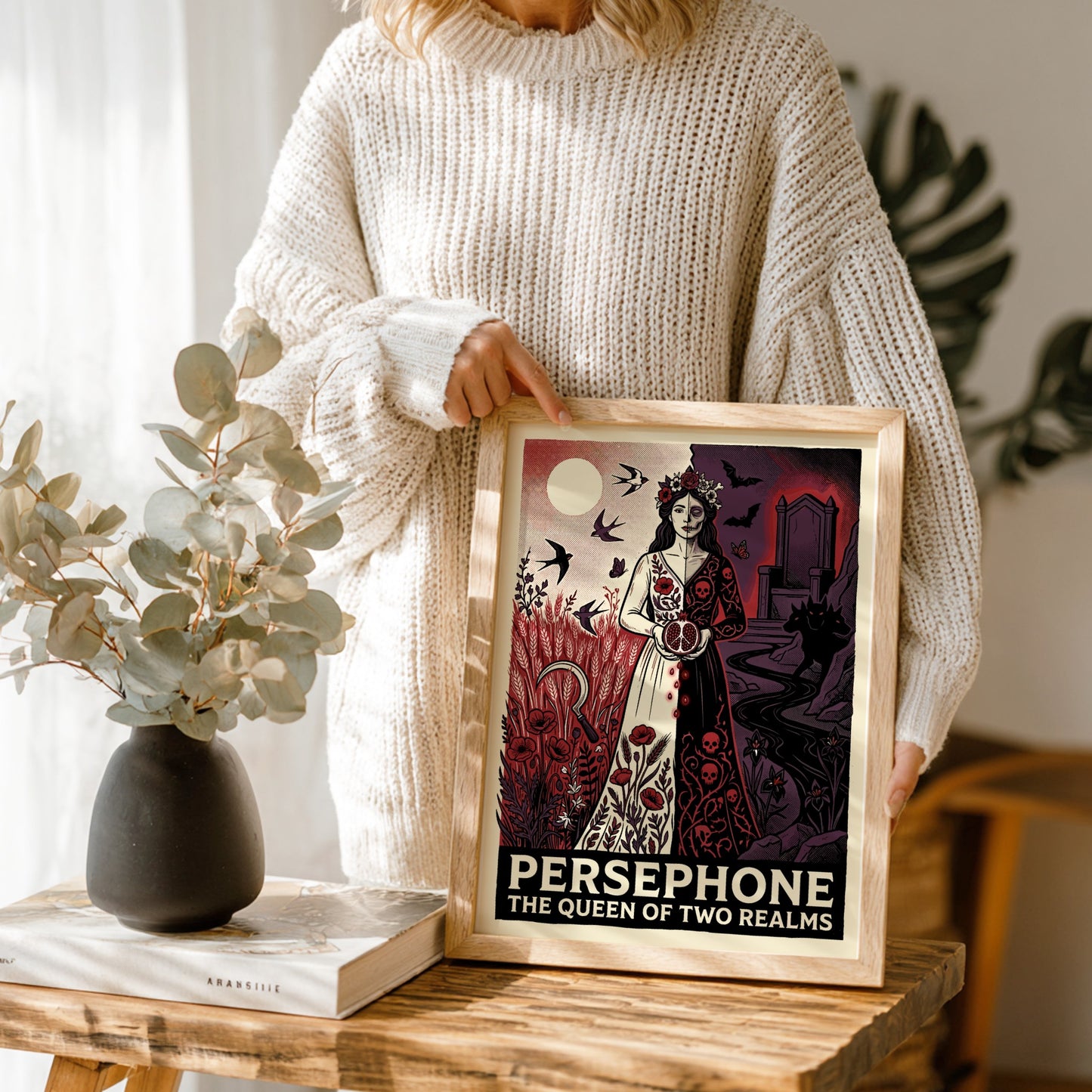 Persephone Greek Mythology poster with split design, vibrant and dark realms, art print.