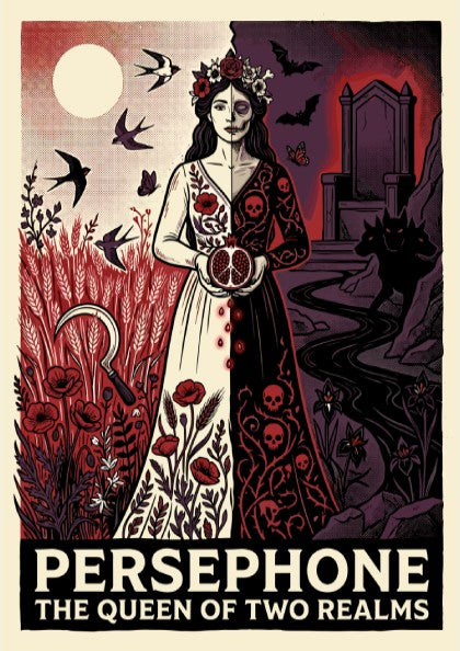Persephone Greek Mythology poster with split design, vibrant and dark realms, art print.