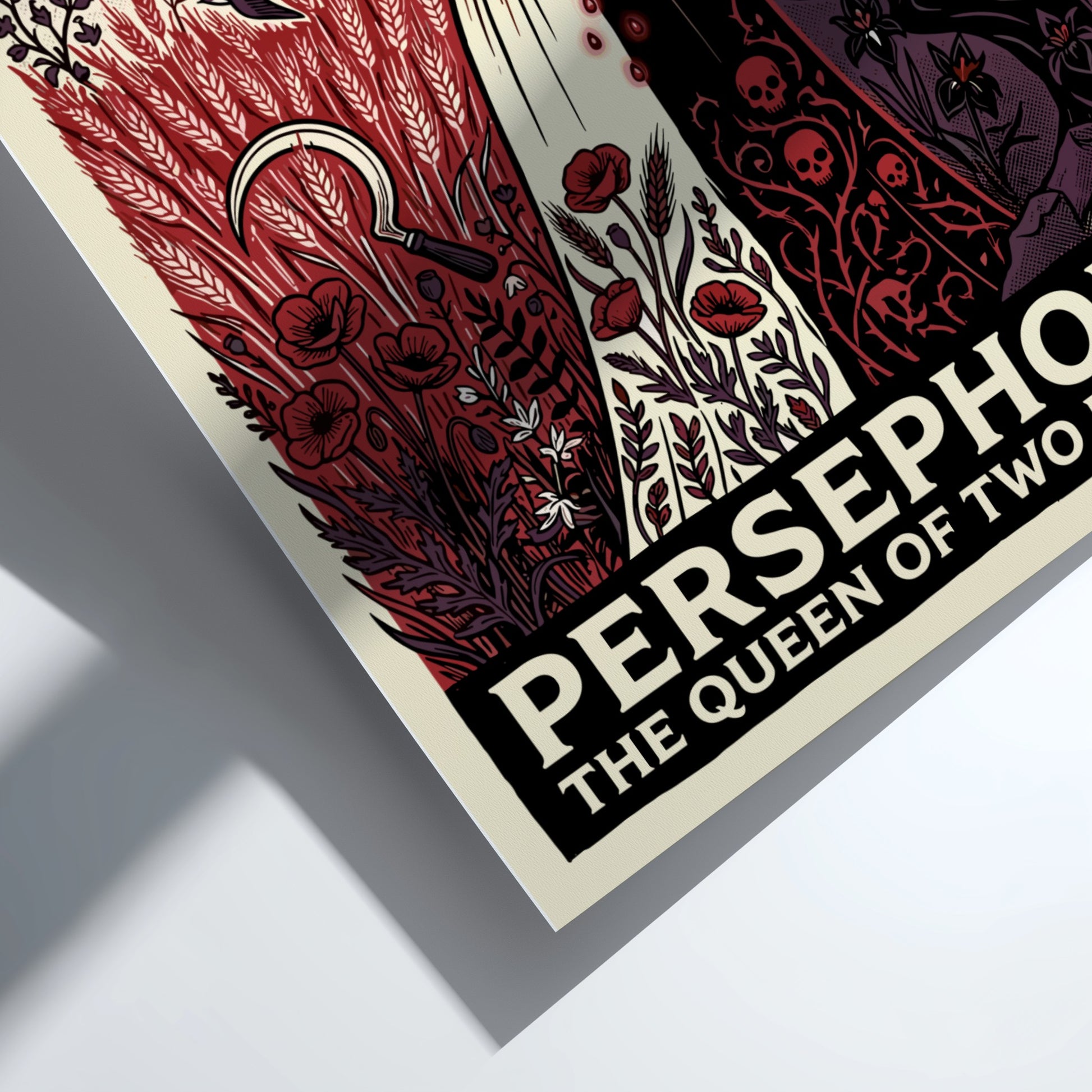 Persephone Greek Mythology poster with split design, vibrant and dark realms, art print.