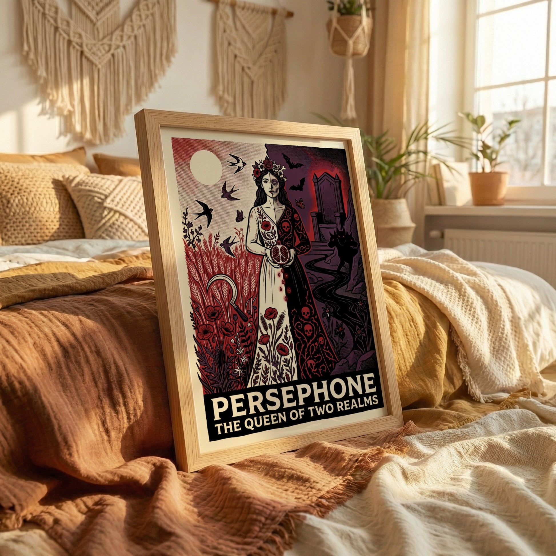 Persephone Greek Mythology poster with split design, vibrant and dark realms, art print.
