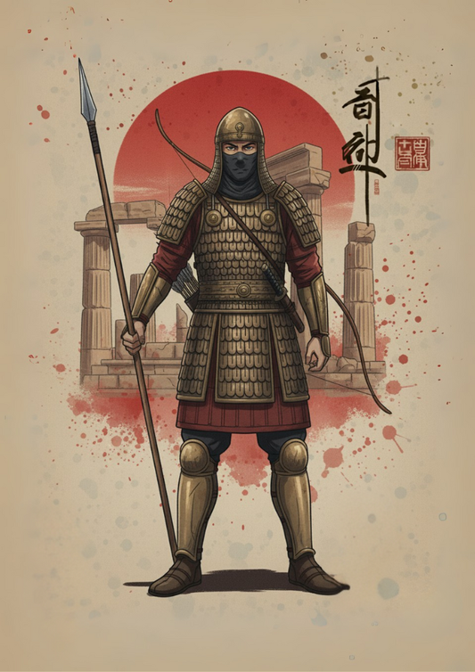 Illustration of a warrior in armor holding a spear and bow against a red sun and architectural background.