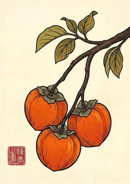 Japanese art style poster featuring ripe persimmons and green leaves