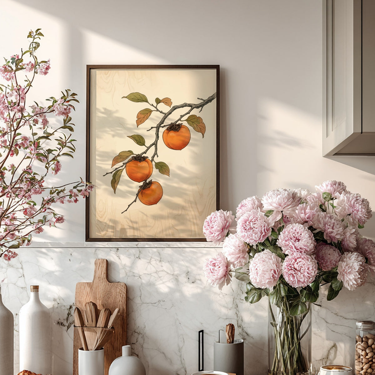 Persimmon branch wall art featuring three orange fruits on a textured cream background.