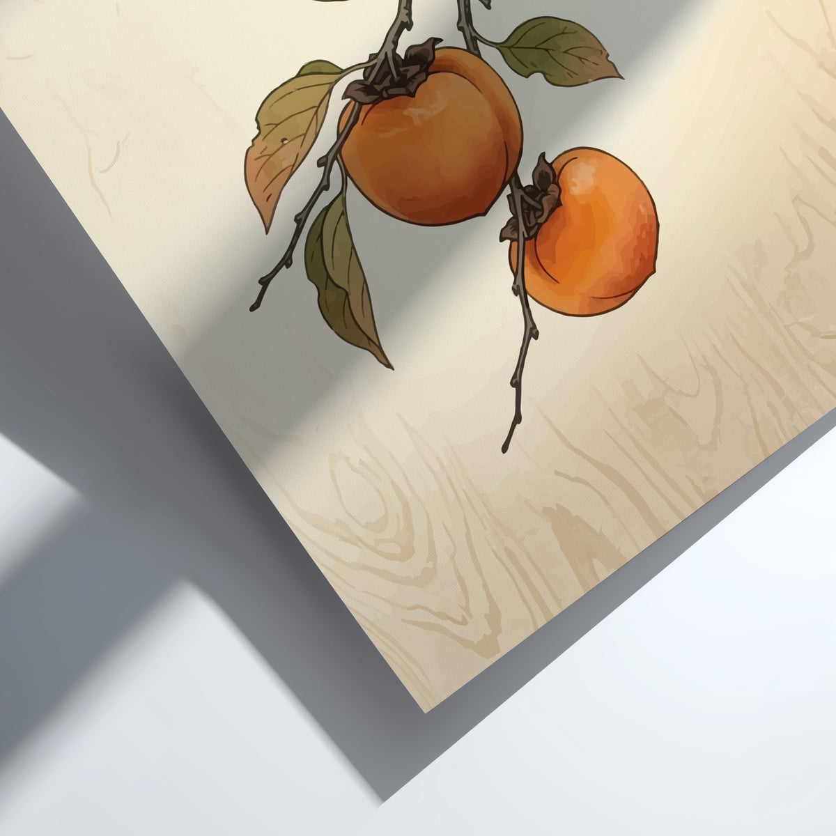 Persimmon branch wall art featuring three orange fruits on a textured cream background.