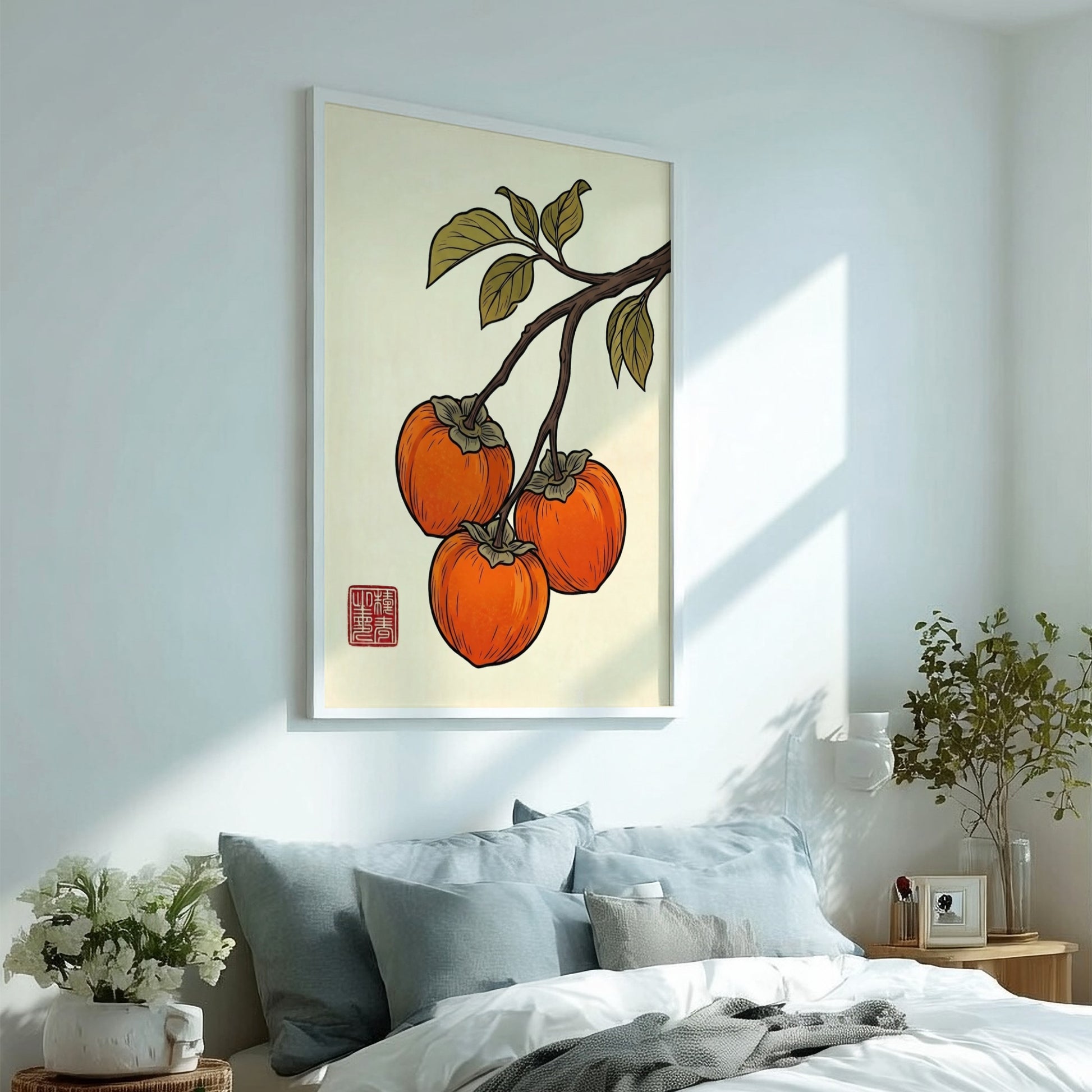 Japanese art style poster featuring ripe persimmons and green leaves