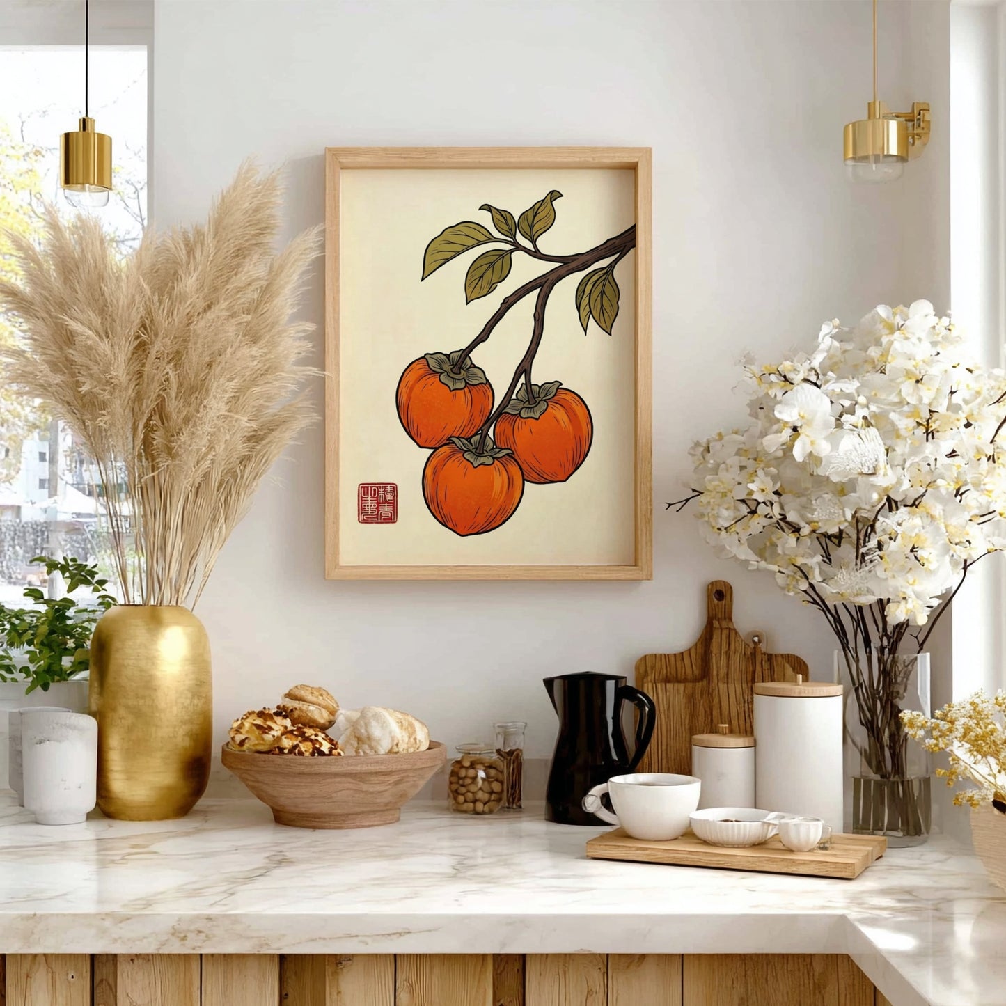 Japanese art style poster featuring ripe persimmons and green leaves