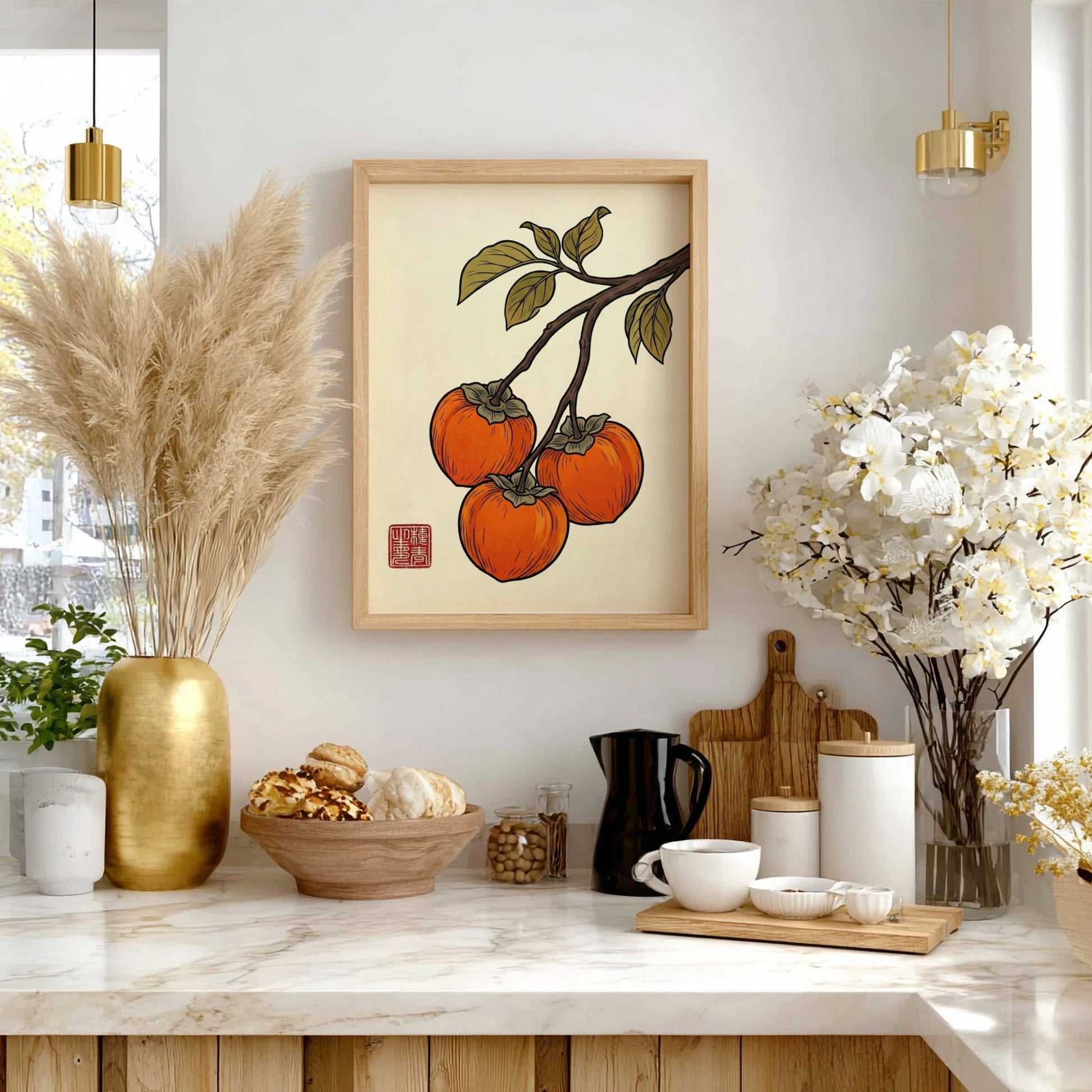 Japanese art style poster featuring ripe persimmons and green leaves