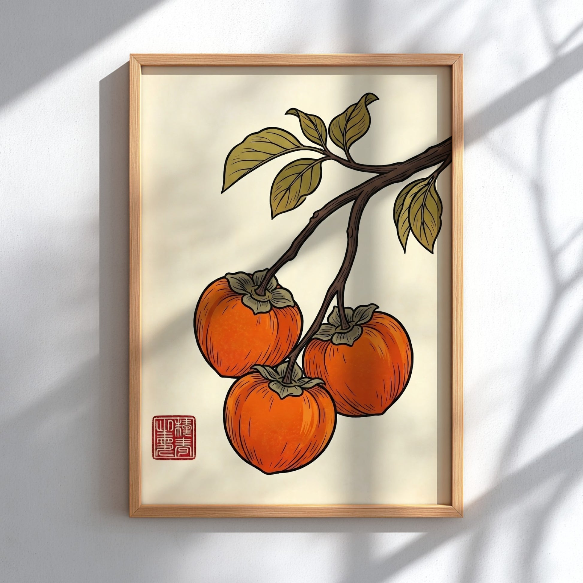 Japanese art style poster featuring ripe persimmons and green leaves