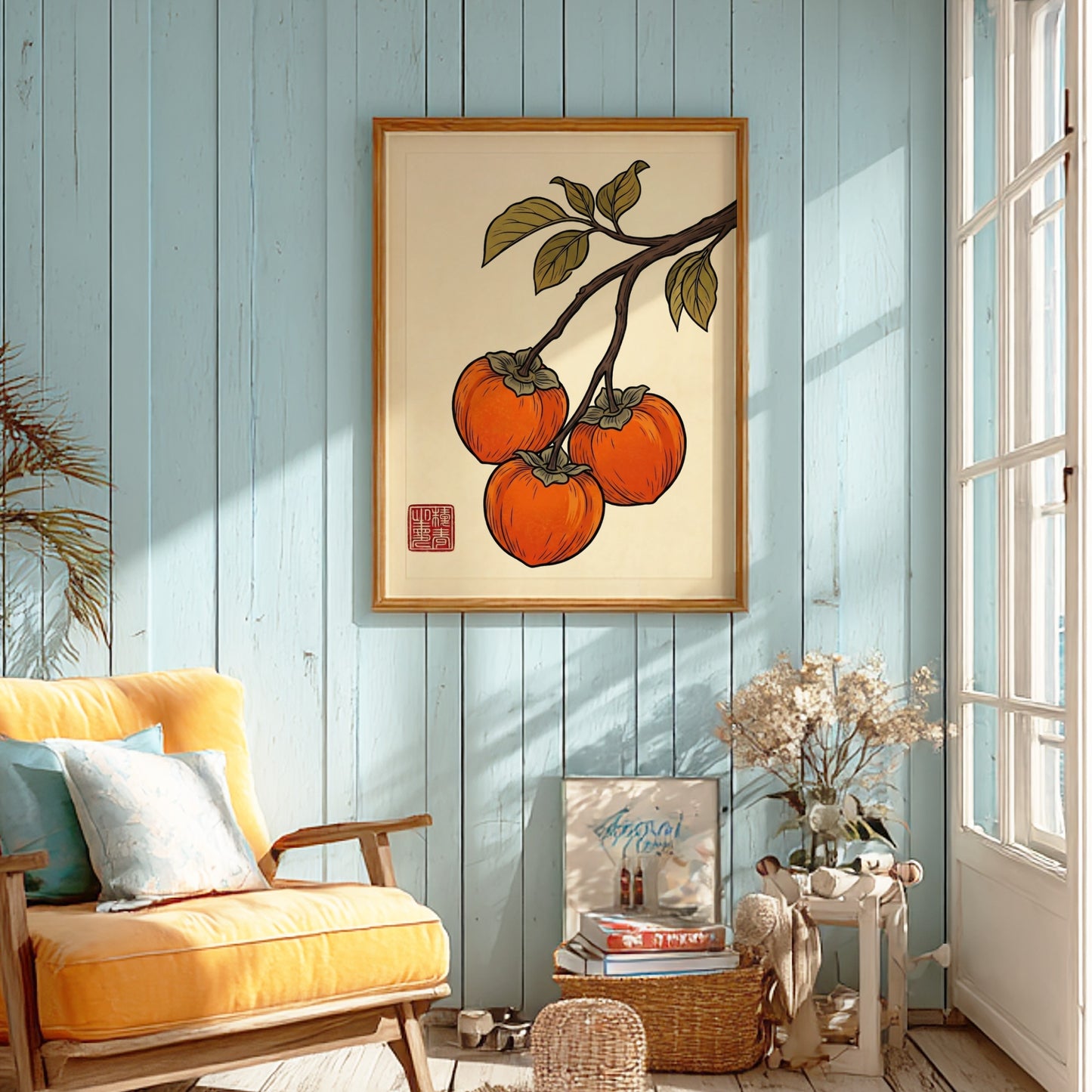 Japanese art style poster featuring ripe persimmons and green leaves