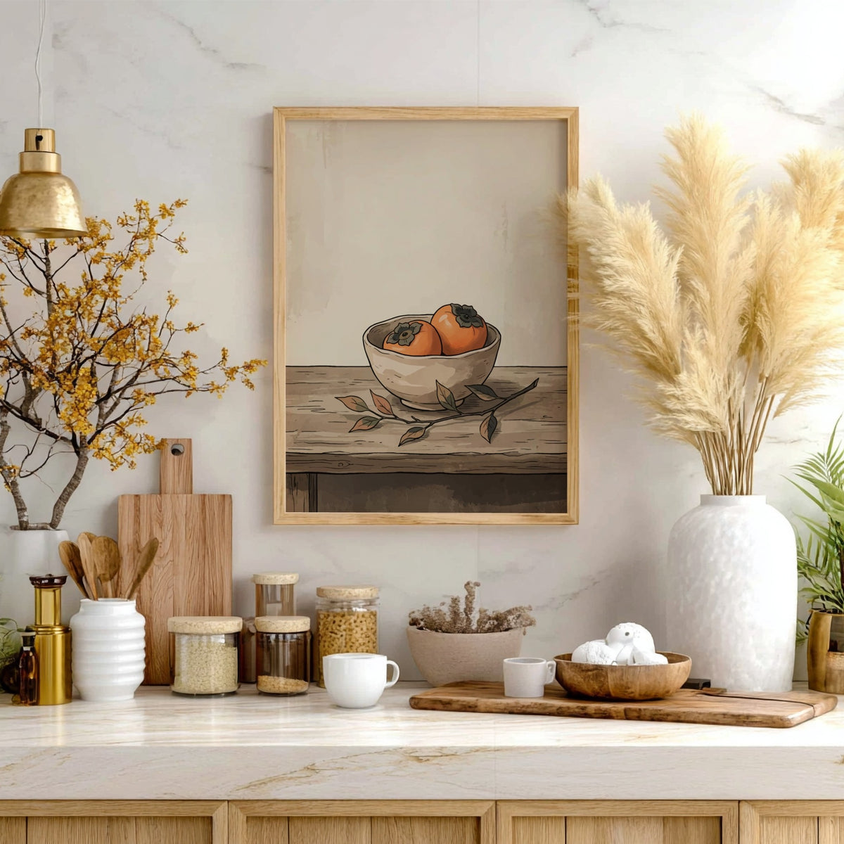 Poster featuring two ripe orange persimmons in a bowl on a rustic wooden table.