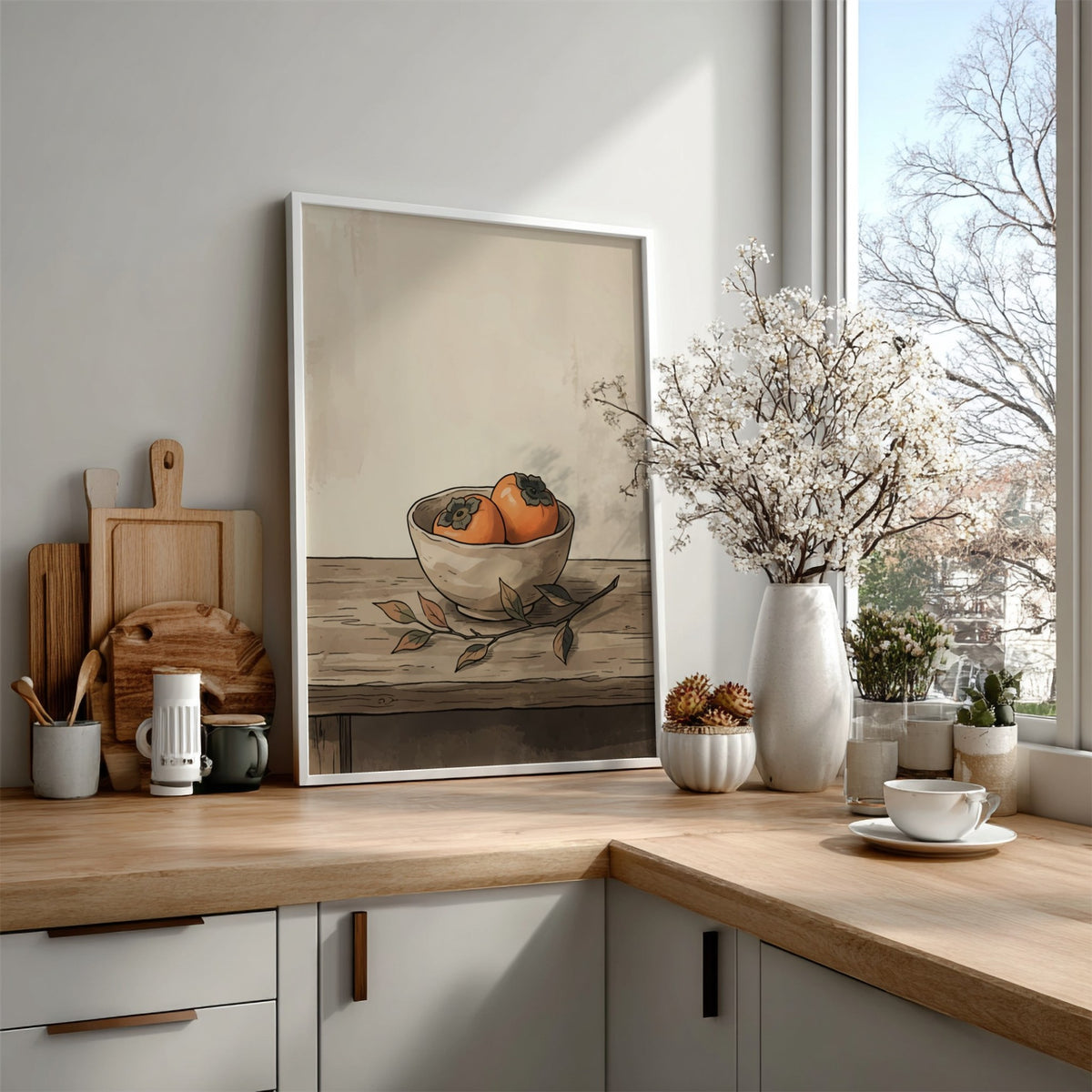 Poster featuring two ripe orange persimmons in a bowl on a rustic wooden table.