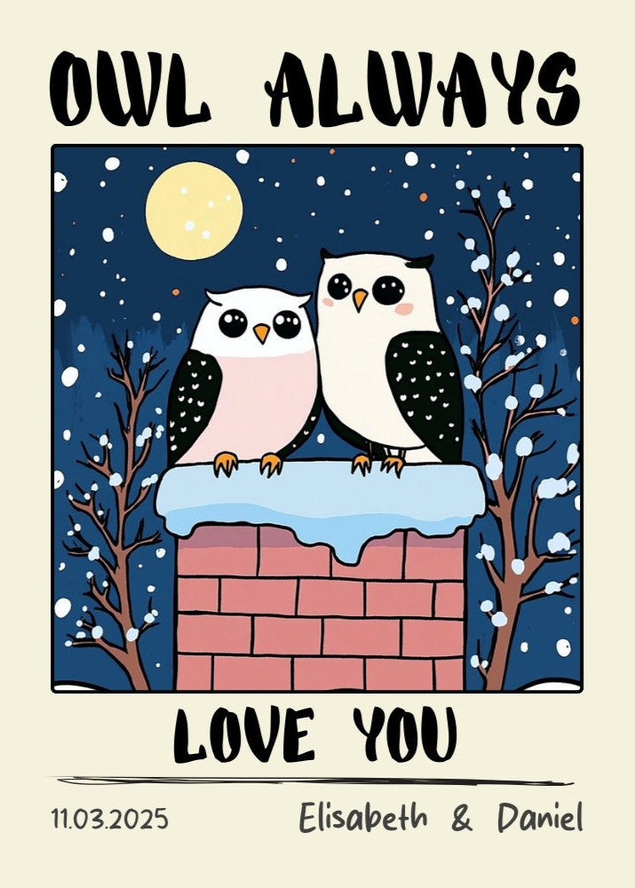 Personalized Owl Couple Print – Custom Retro Art Print