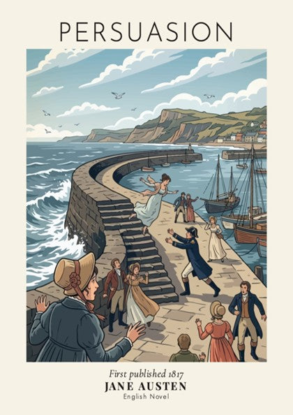 Poster featuring Jane Austen's Persuasion with characters on a harbour wall in soft colours