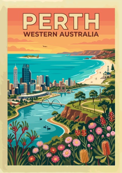 Perth Western Australia travel poster featuring city skyline, Swan River, and native wildflowers.