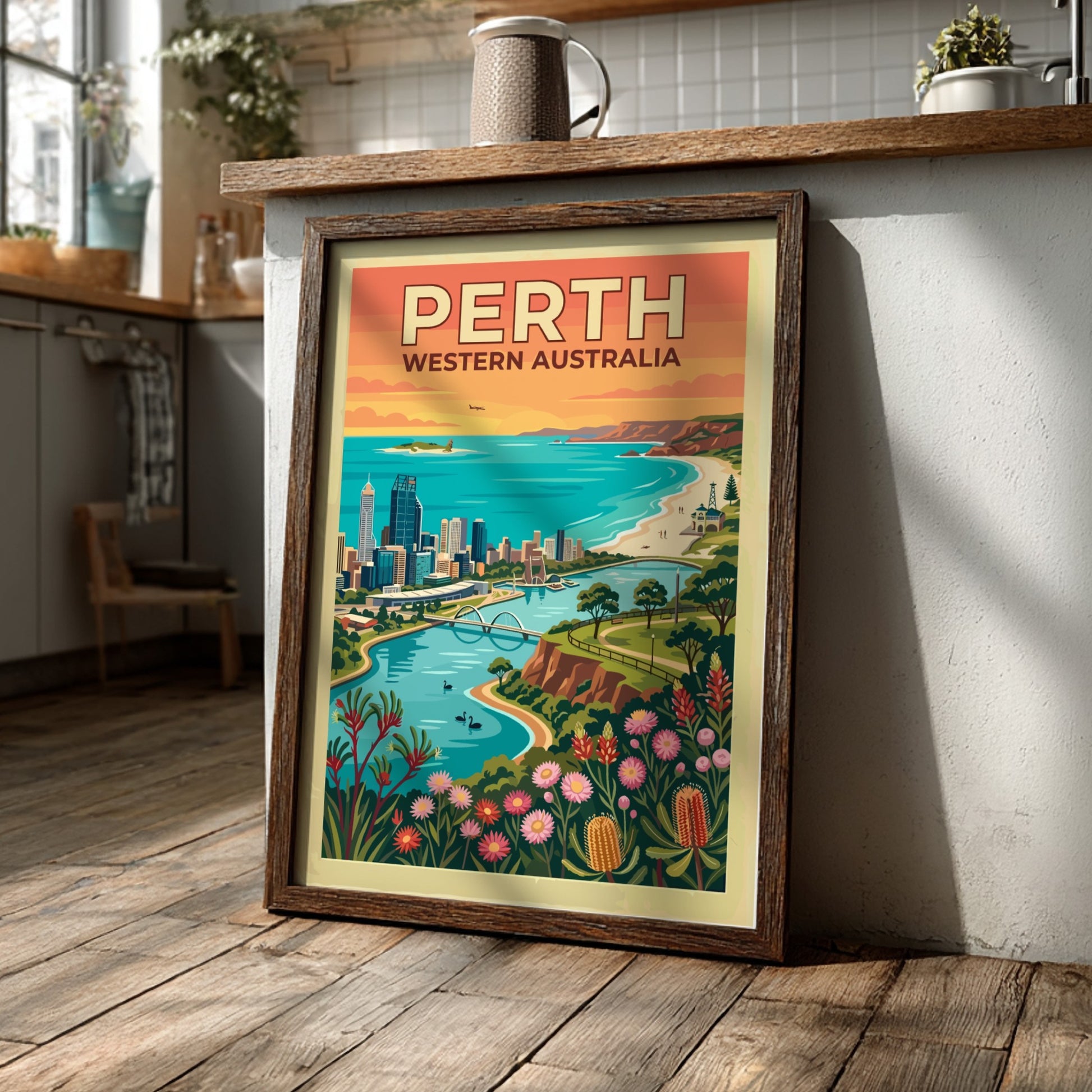 Perth Western Australia travel poster featuring city skyline, Swan River, and native wildflowers.