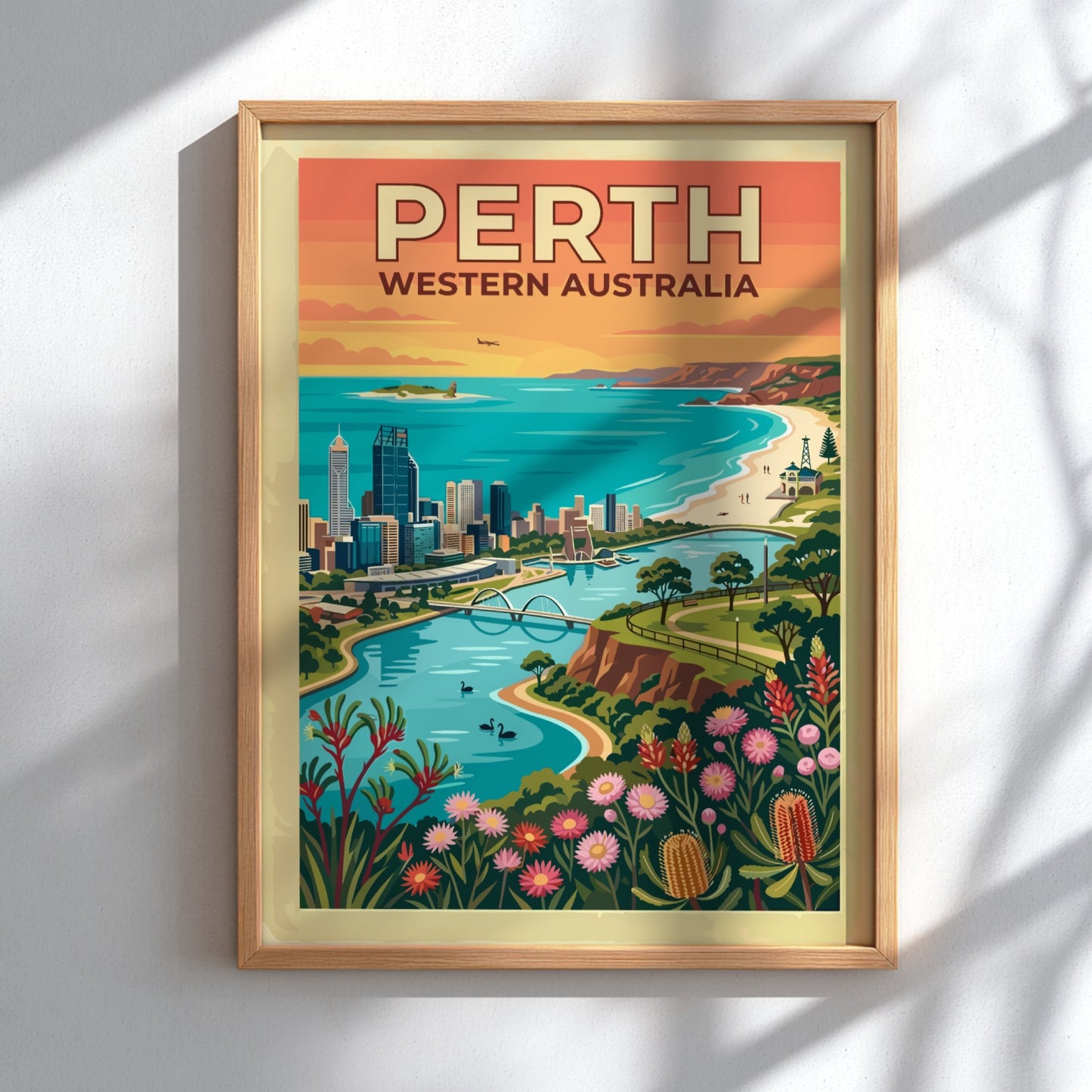 Perth Western Australia travel poster featuring city skyline, Swan River, and native wildflowers.