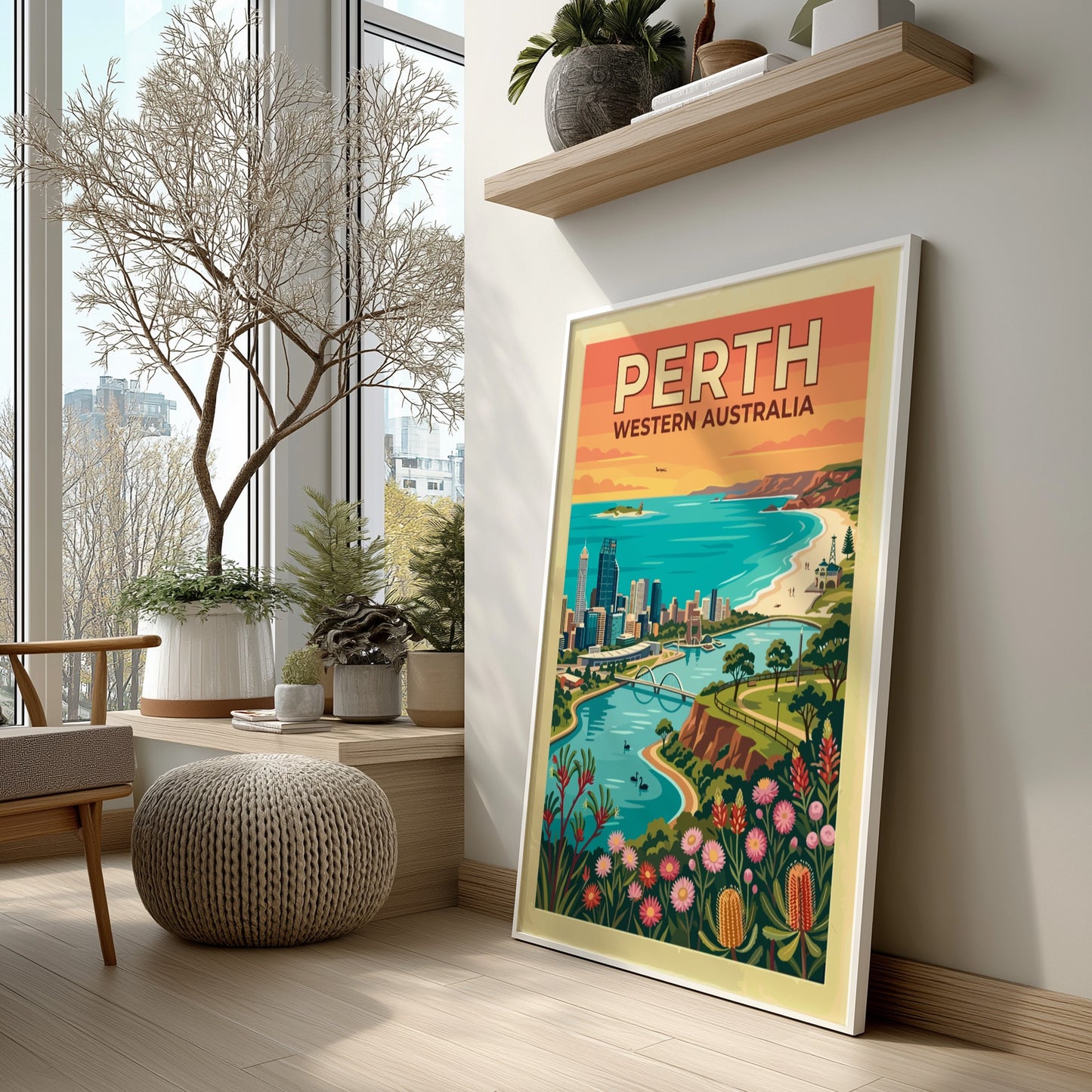 Perth Western Australia travel poster featuring city skyline, Swan River, and native wildflowers.