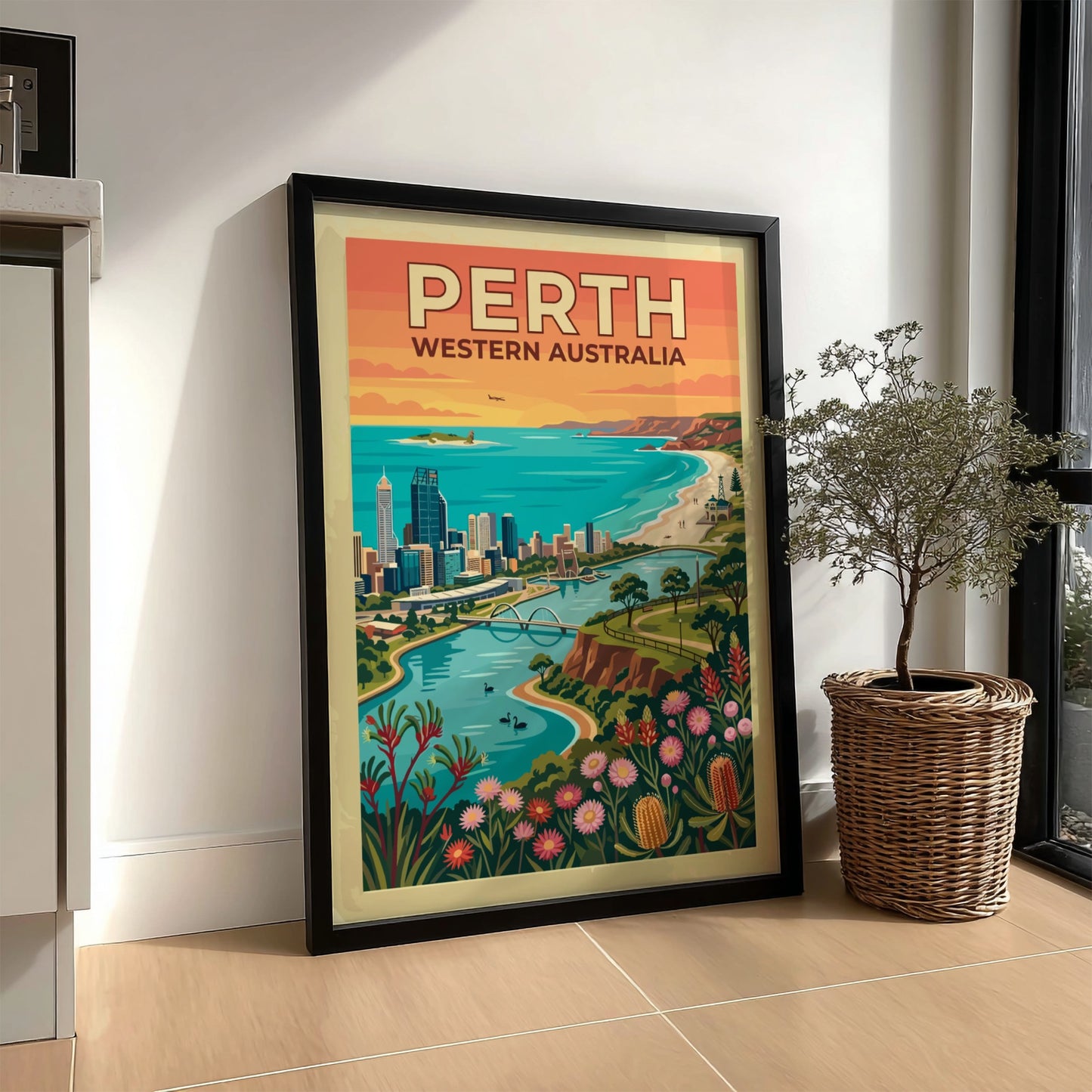 Perth Western Australia travel poster featuring city skyline, Swan River, and native wildflowers.