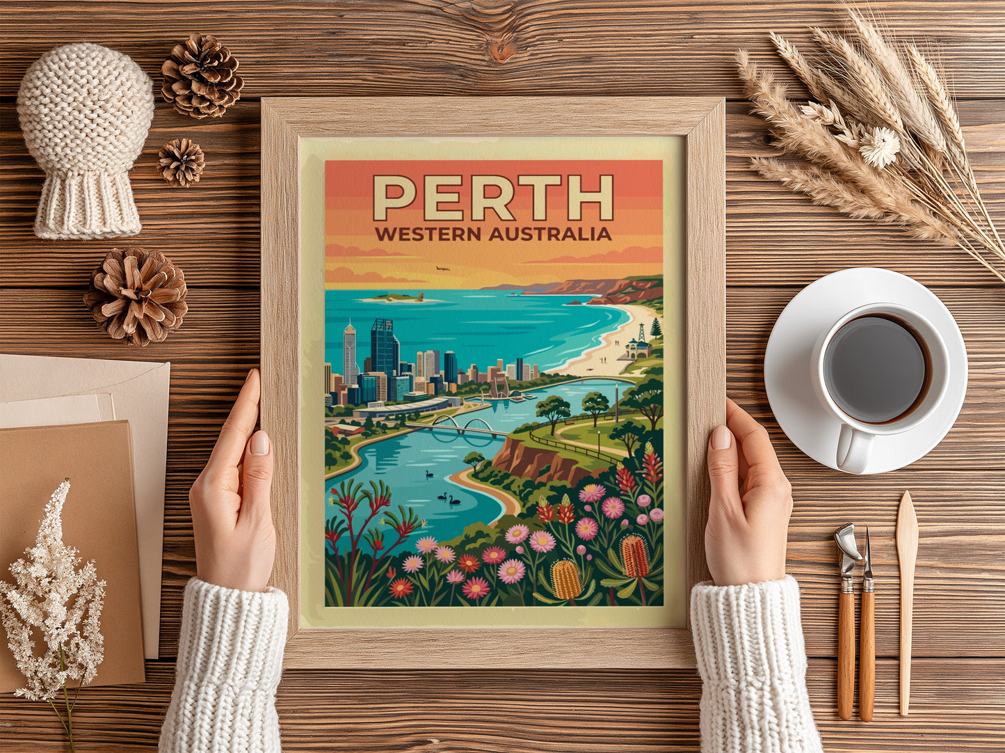 Perth Western Australia travel poster featuring city skyline, Swan River, and native wildflowers.