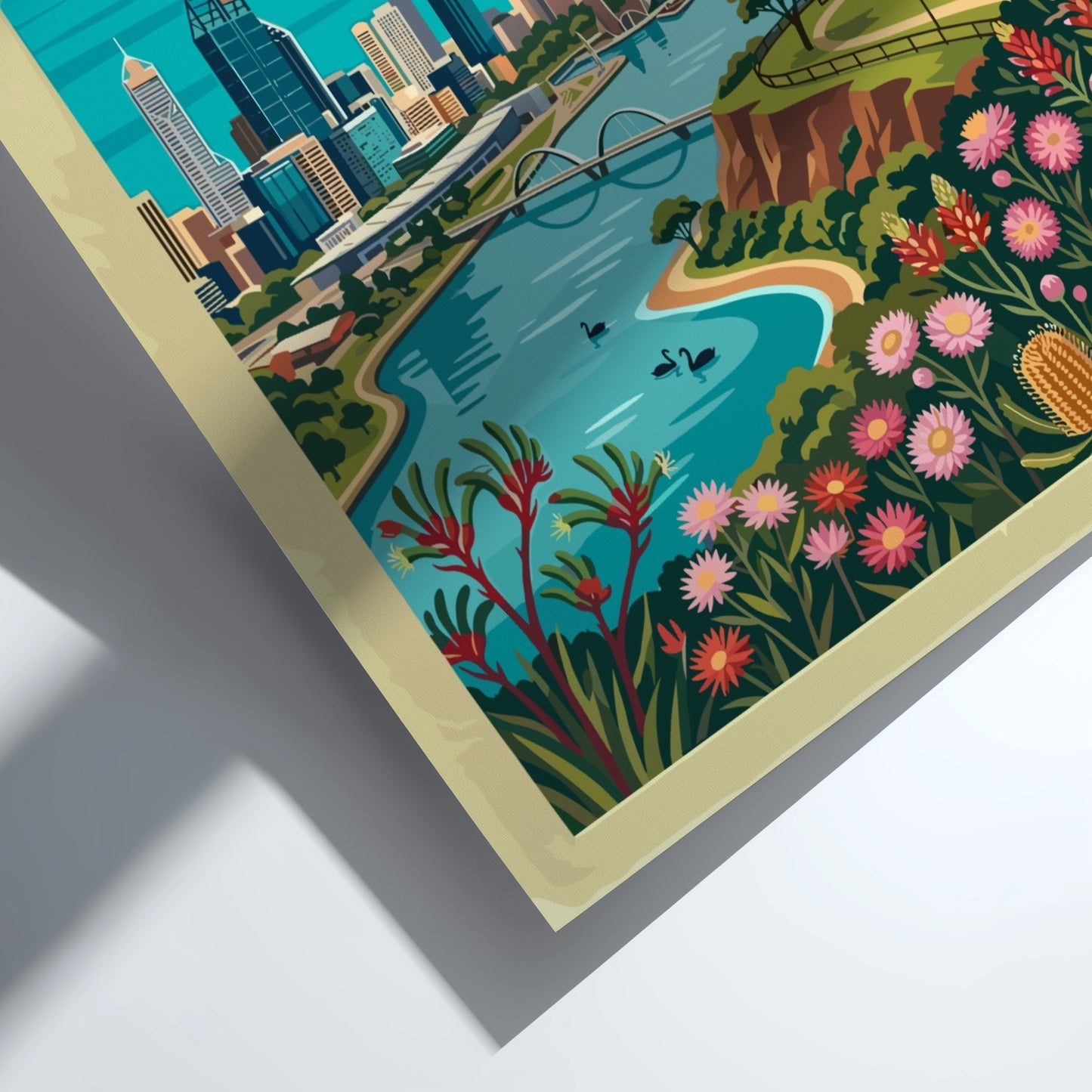 Perth Western Australia travel poster featuring city skyline, Swan River, and native wildflowers.