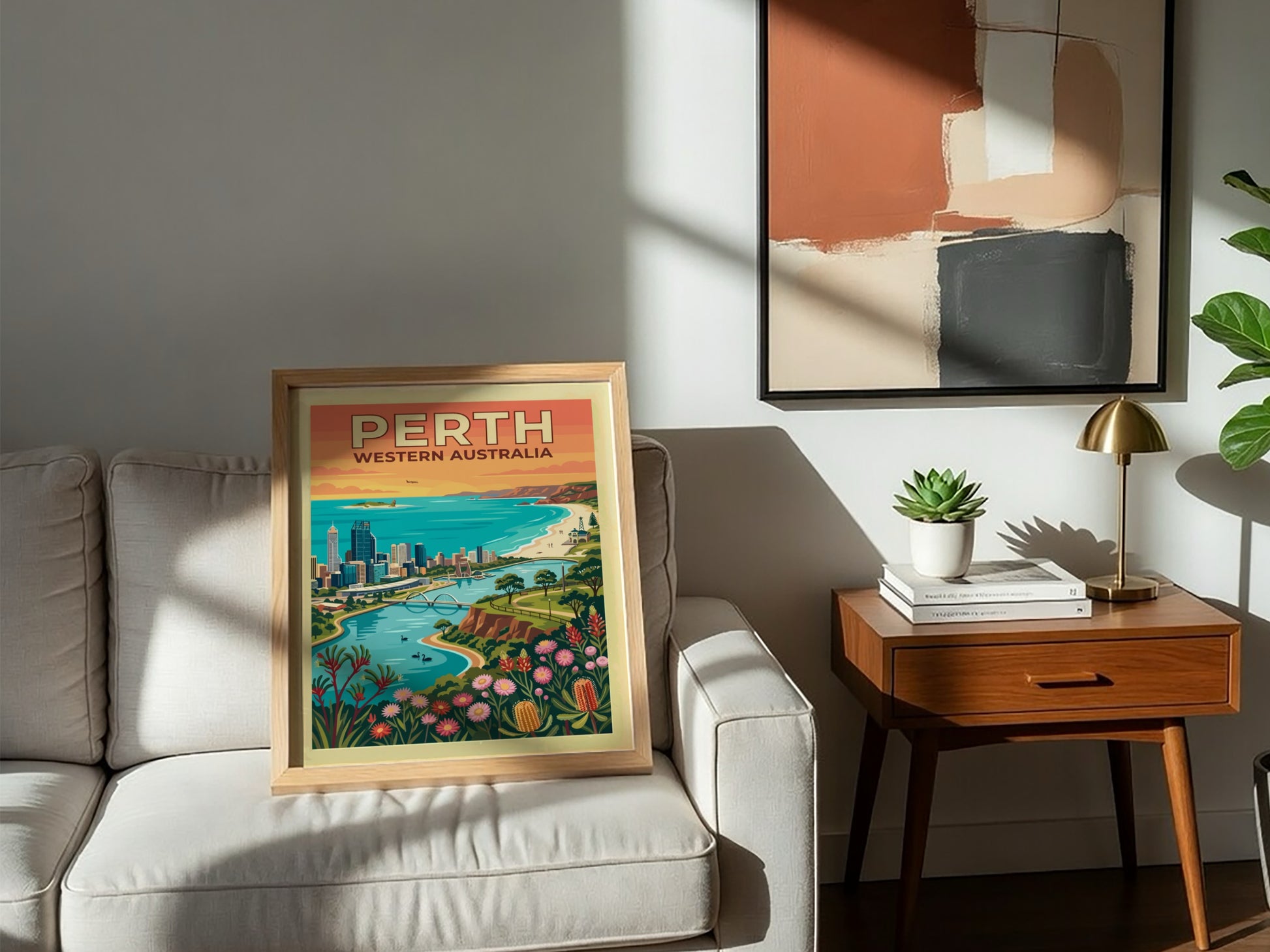Perth Western Australia travel poster featuring city skyline, Swan River, and native wildflowers.