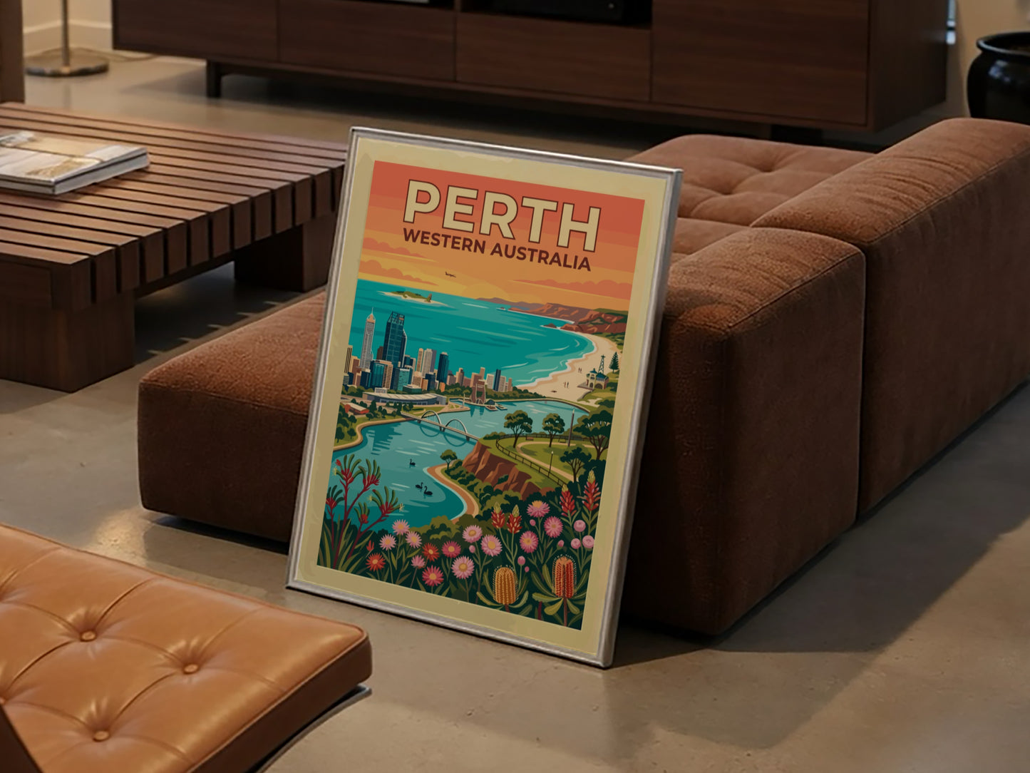 Perth Western Australia travel poster featuring city skyline, Swan River, and native wildflowers.