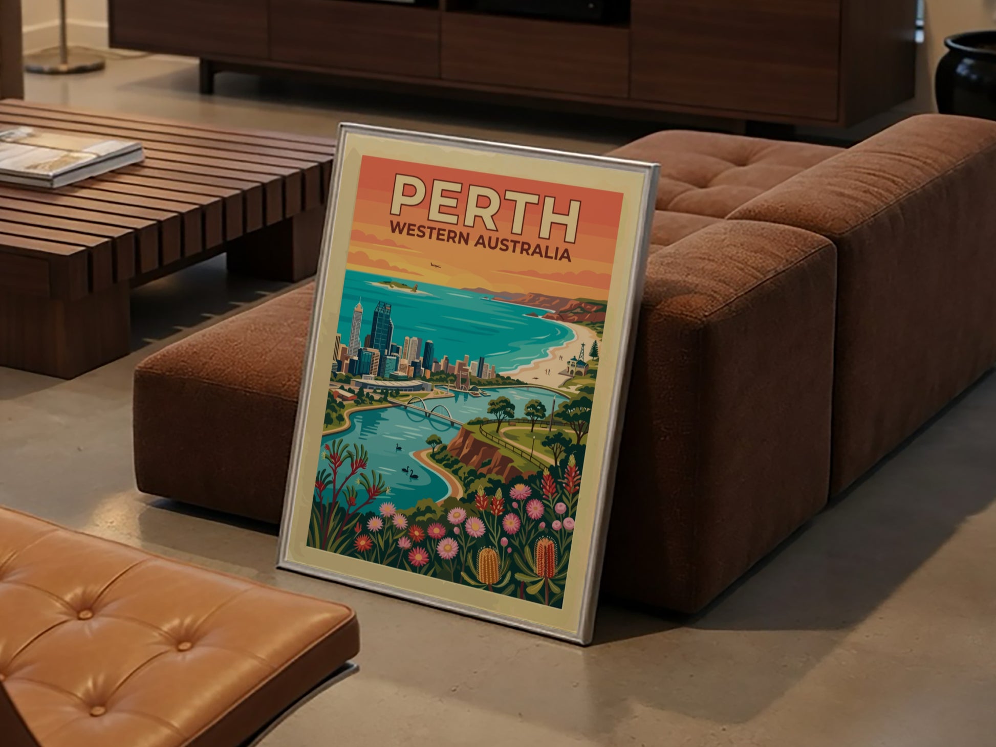 Perth Western Australia travel poster featuring city skyline, Swan River, and native wildflowers.
