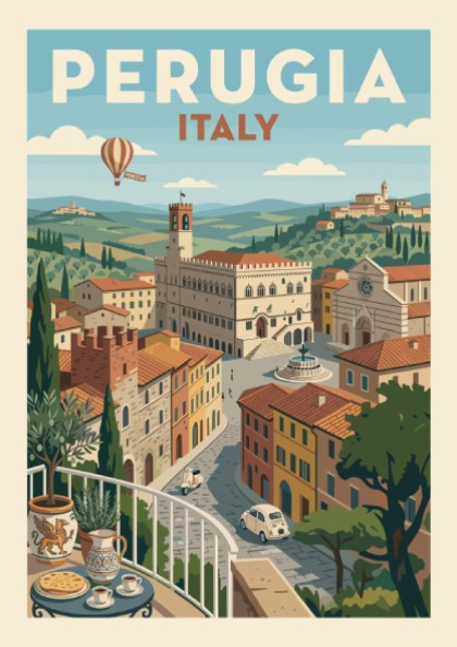 Vintage travel poster of Perugia, Italy, with retro illustration style and warm colors.