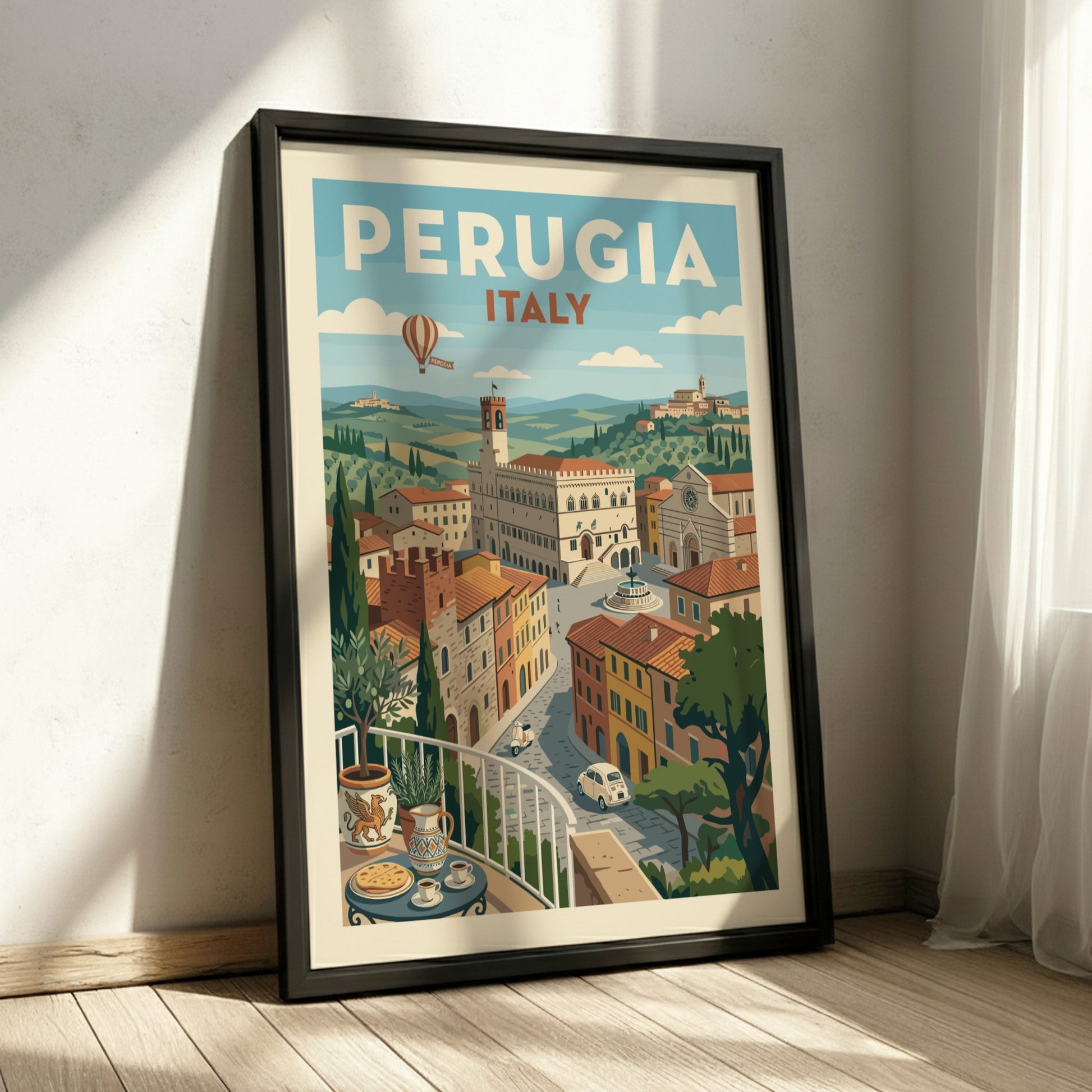 Vintage travel poster of Perugia, Italy, with retro illustration style and warm colors.