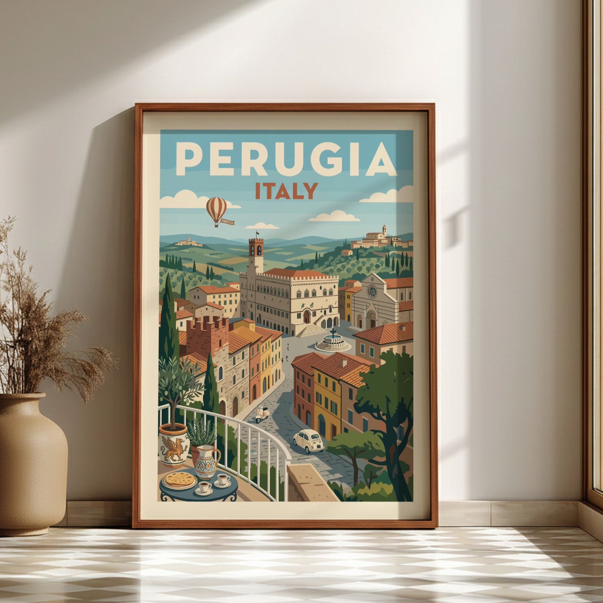 Vintage travel poster of Perugia, Italy, with retro illustration style and warm colors.