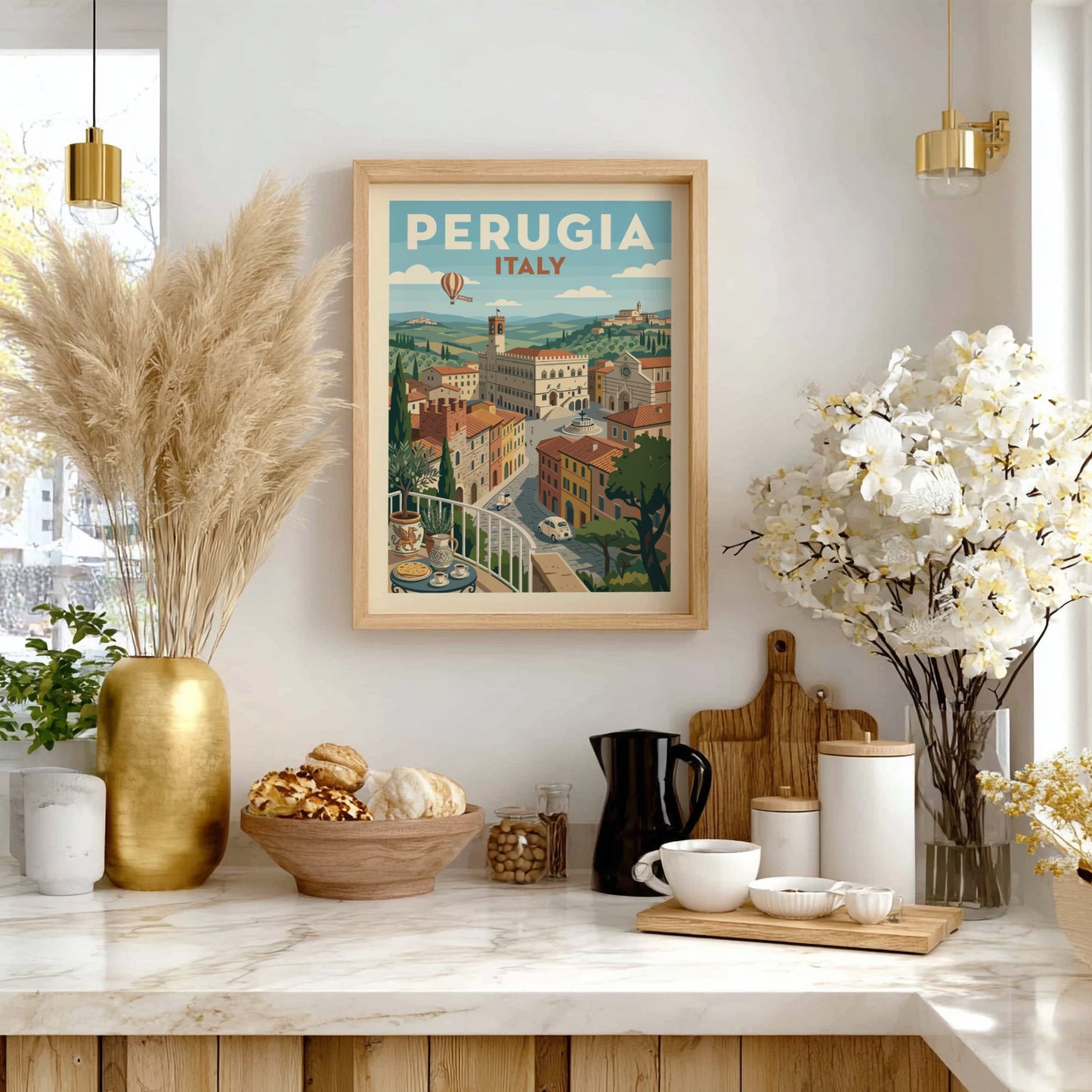 Vintage travel poster of Perugia, Italy, with retro illustration style and warm colors.