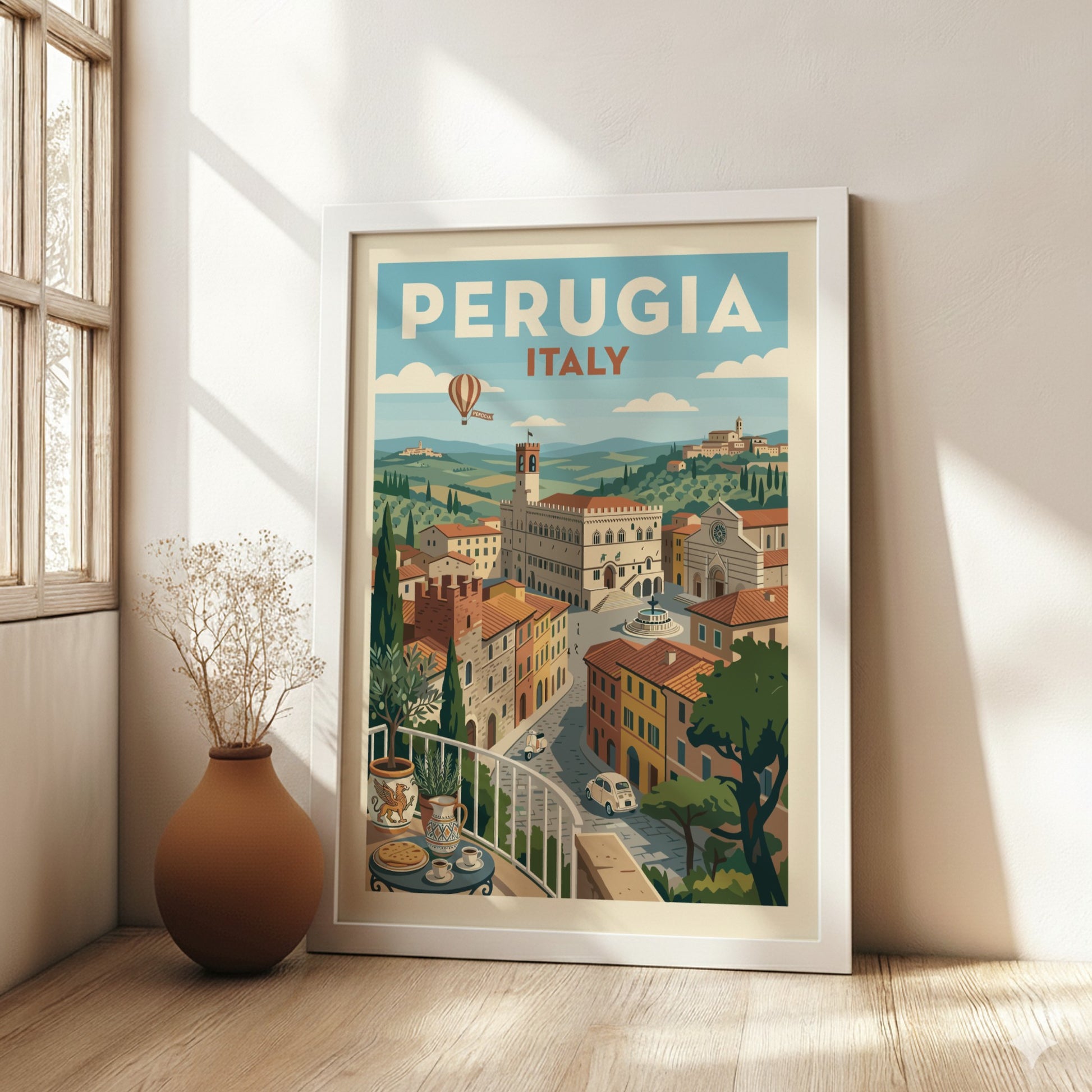 Vintage travel poster of Perugia, Italy, with retro illustration style and warm colors.