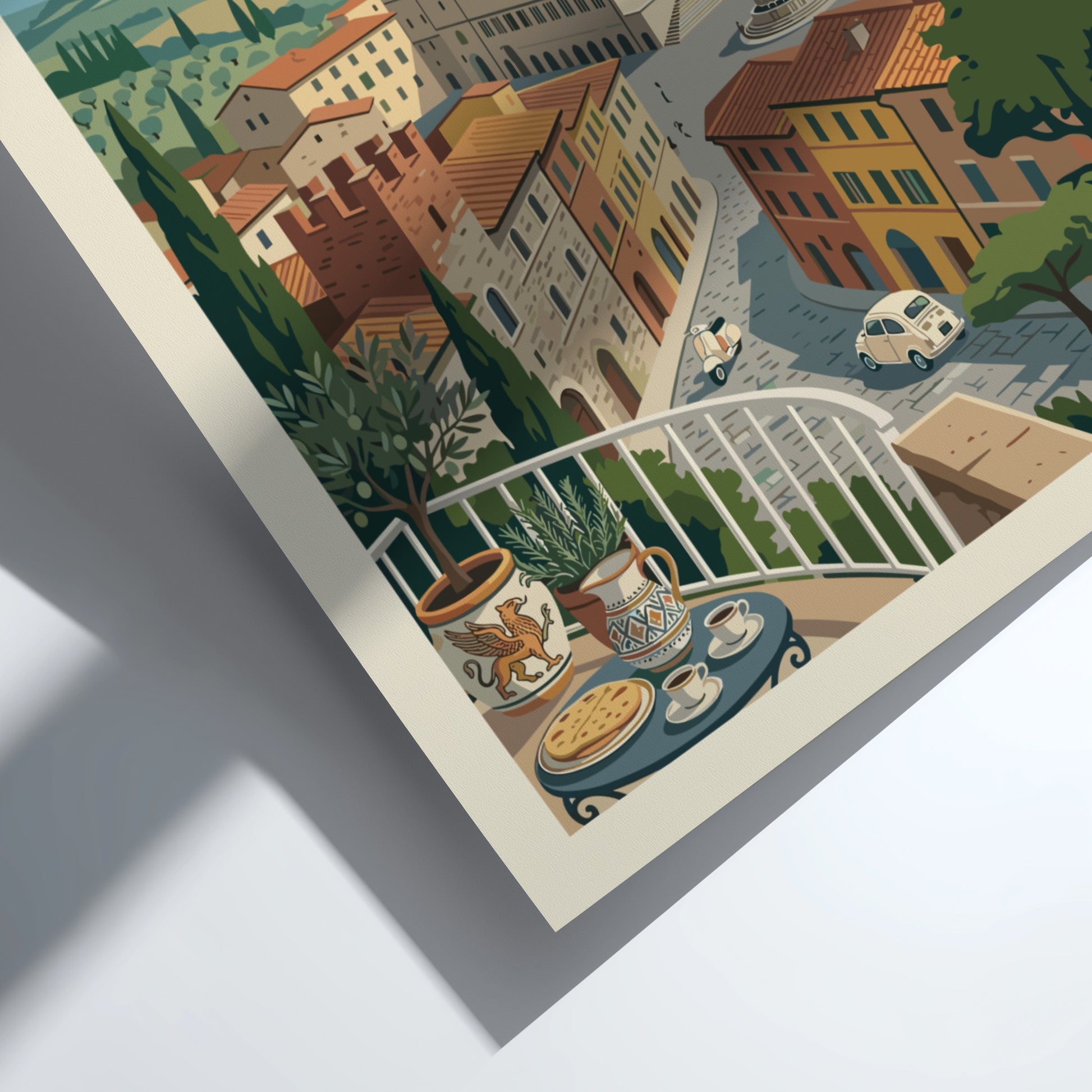 Vintage travel poster of Perugia, Italy, with retro illustration style and warm colors.