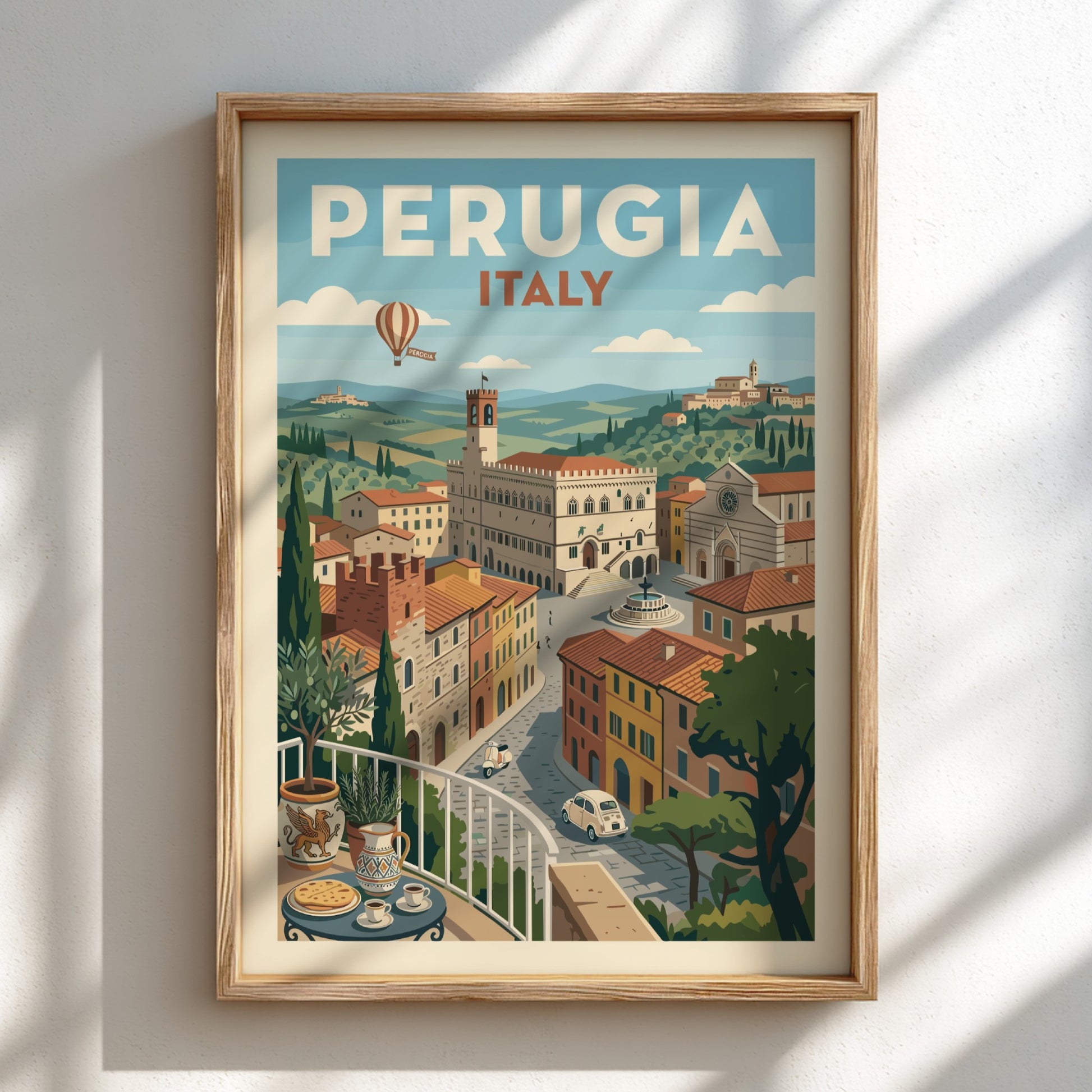 Vintage travel poster of Perugia, Italy, with retro illustration style and warm colors.