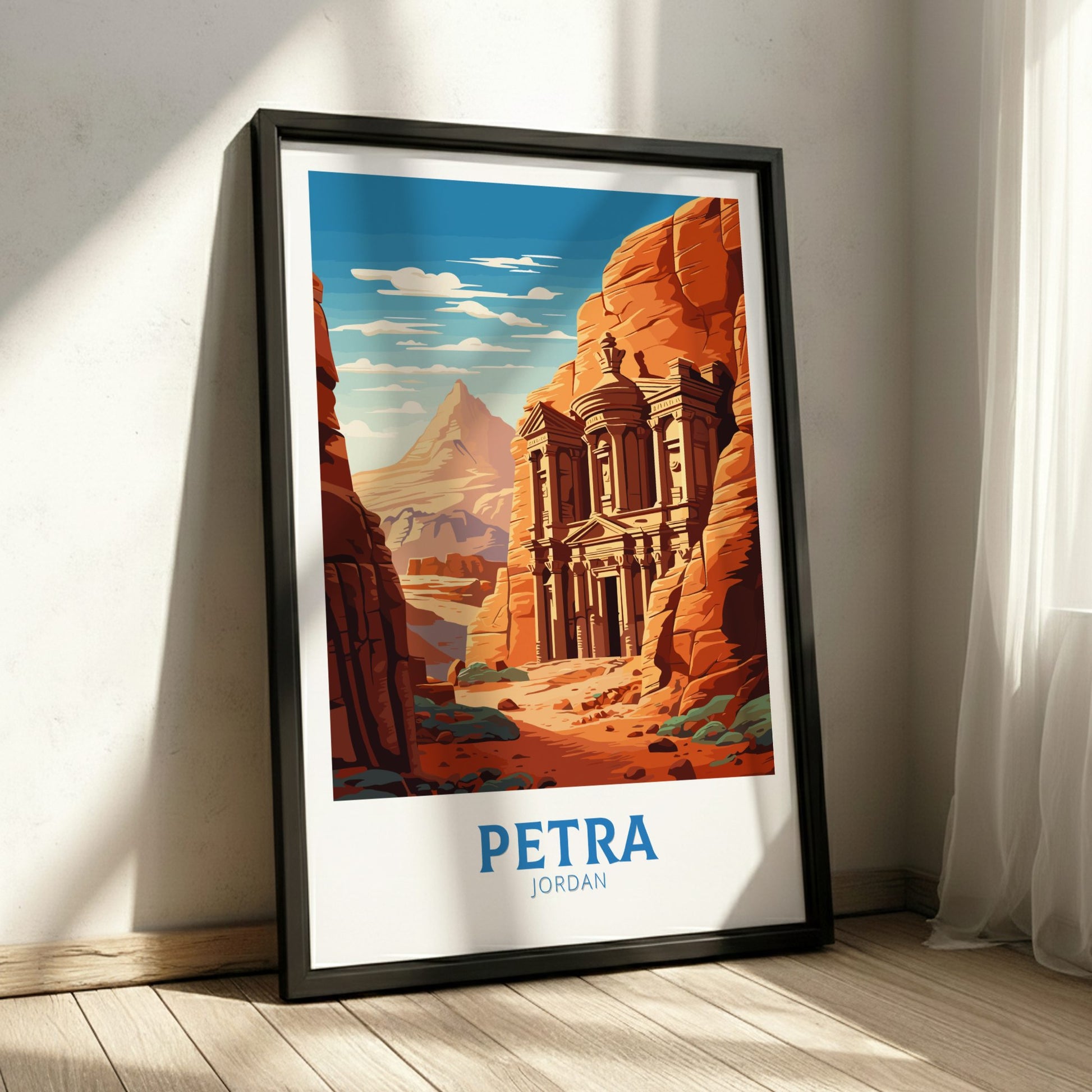 Framed poster of Petra, Jordan with a desert landscape and clear sky.
