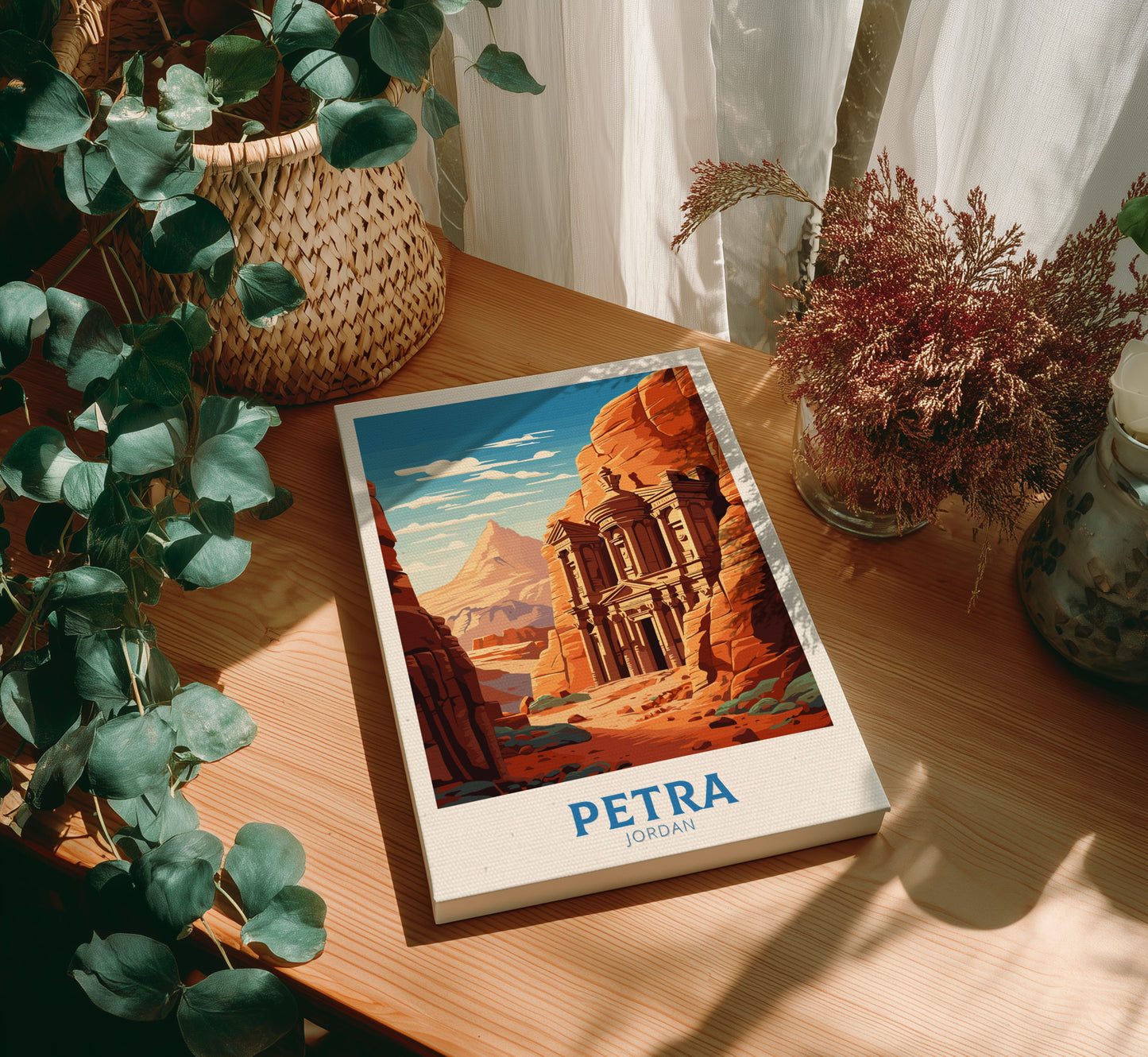 Canvas 'Petra' on a wooden table with plants