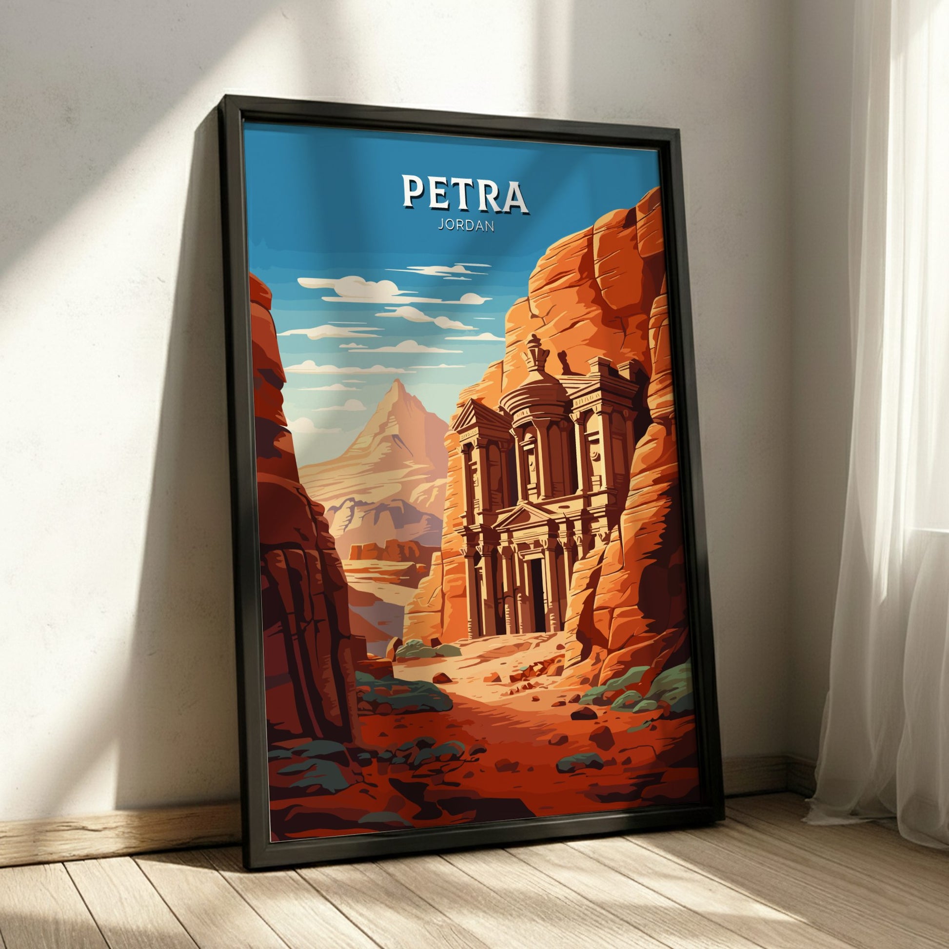 Framed poster of Petra, Jordan with a scenic view on a wall.
