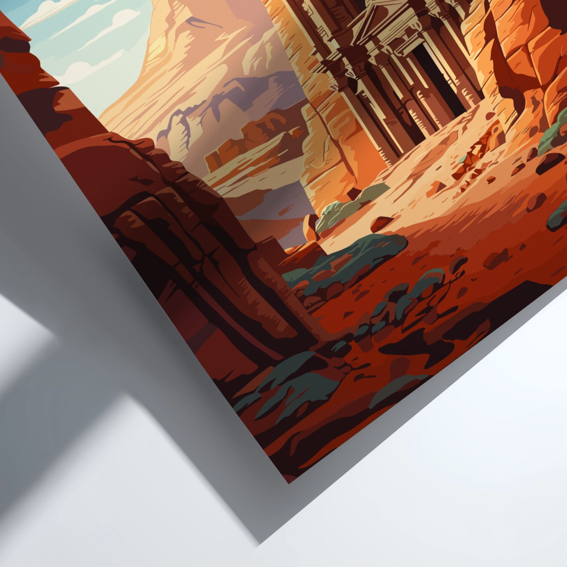 Illustration of a desert scene with ancient architecture and animals.