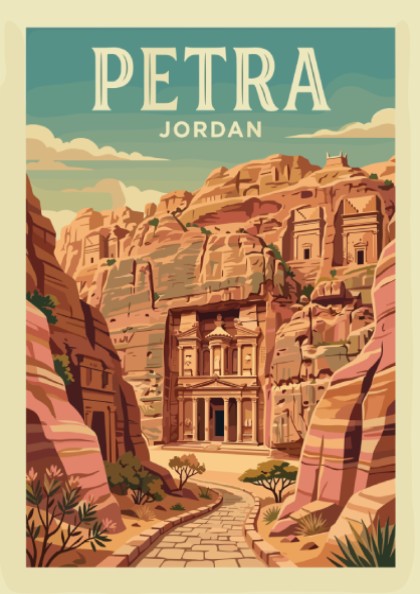 Petra Jordan travel poster featuring the Treasury carved into sandstone cliffs in a vintage art style.