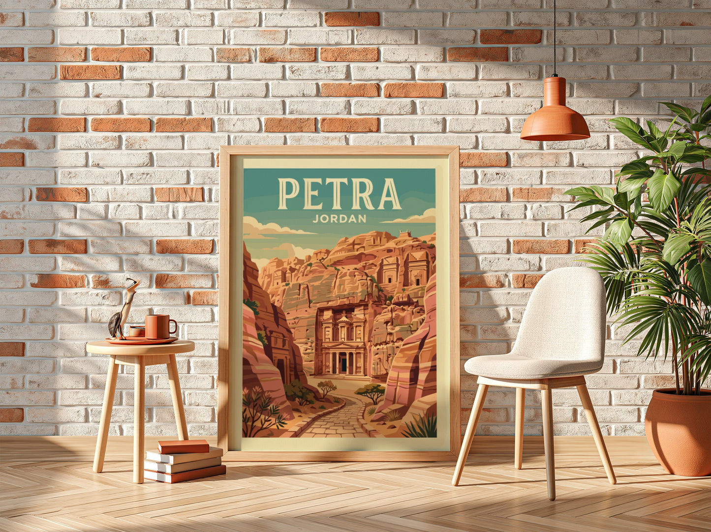 Petra Jordan travel poster featuring the Treasury carved into sandstone cliffs in a vintage art style.