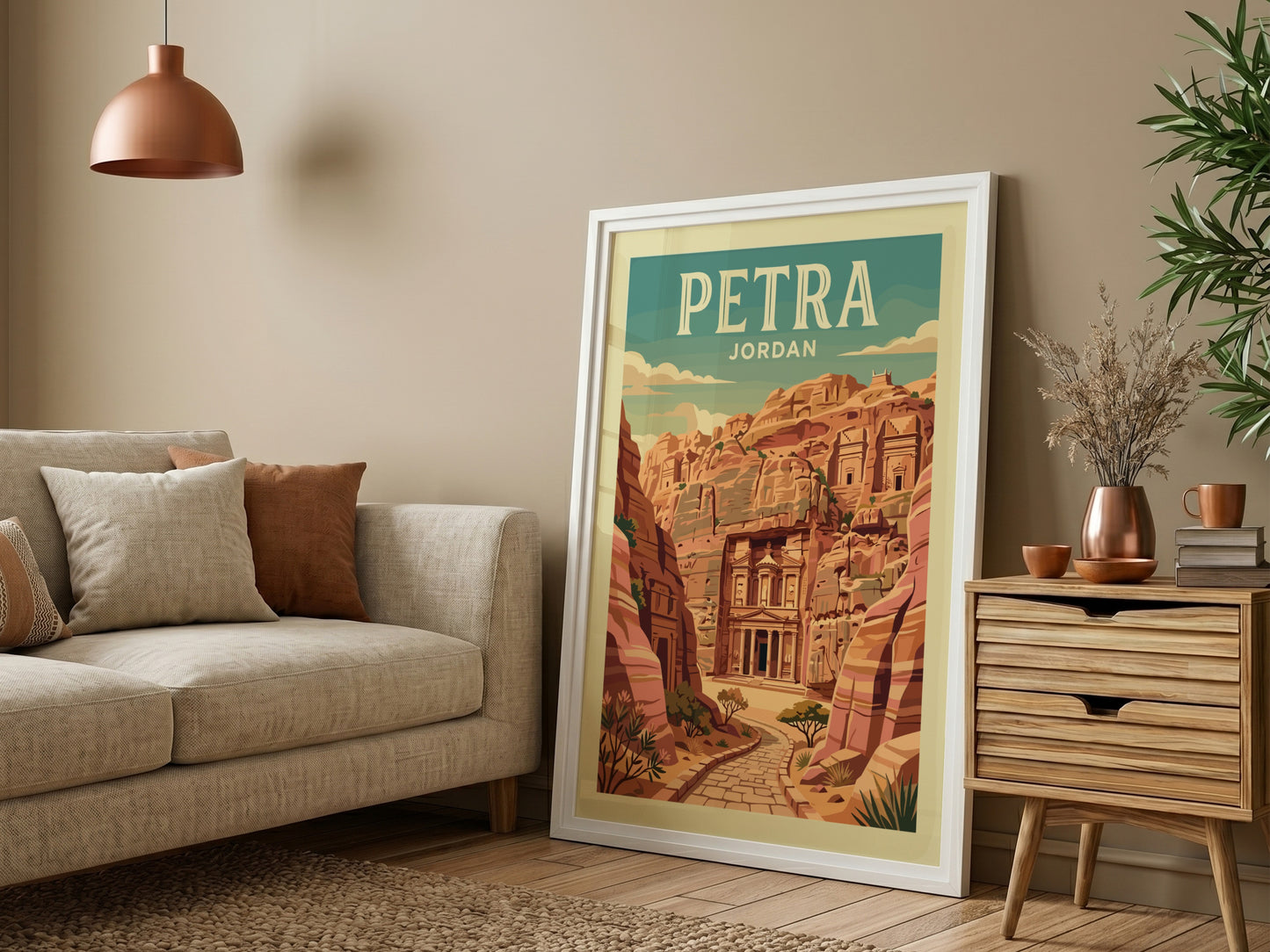 Petra Jordan travel poster featuring the Treasury carved into sandstone cliffs in a vintage art style.