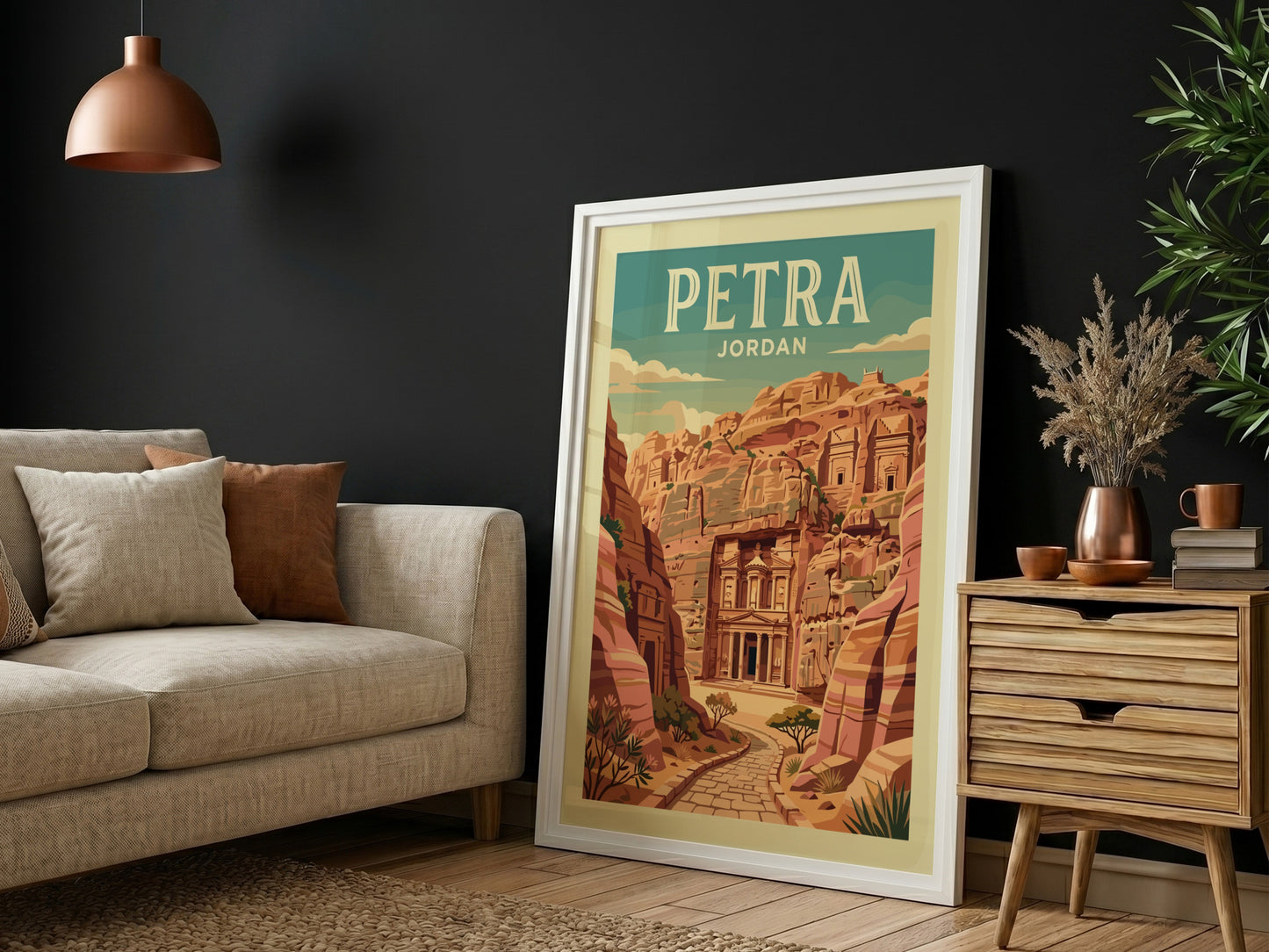 Petra Jordan travel poster featuring the Treasury carved into sandstone cliffs in a vintage art style.